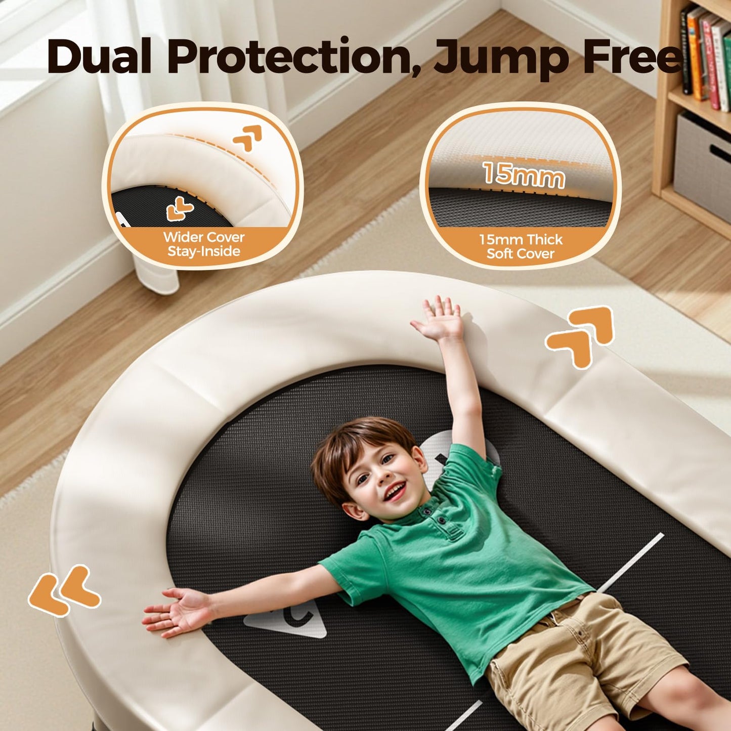 BCAN 56IN 2-Person Kids Trampoline, Safe-Elastic Band Foldable Frame Trampoline for Kids 1-8, ASTM Certified-Toddler Tampoline with Adjustable Stable Handlebar&Thickened Cover,Max Load 220lbs