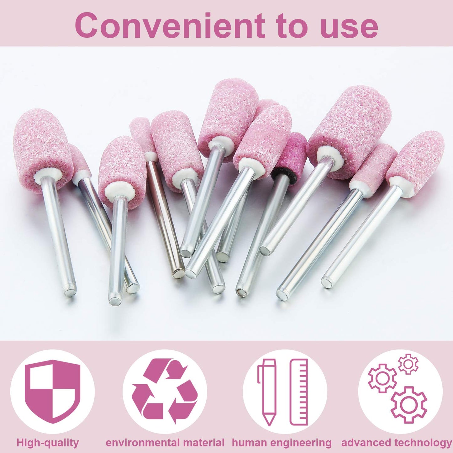 Maitys 48 Pieces Abrasive Mounted Stone Grinding Wheel Head Mounted Grinding Point Stone Heads with Box Compatible with Dremel Rotary Tool, 0.12 Inch Shank and 6 Sizes(Pink,Aluminium Oxide)
