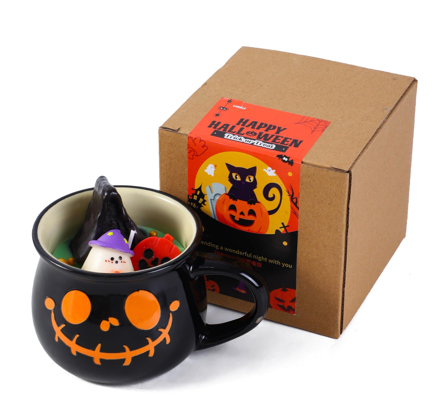 EAKE Halloween Ghost Mug Scented Candle - Black Novelty Cup with Ghost & Pumpkin Designs, White Peach Oolong Scent, Soy & Beeswax Blend, 30-Hour Burn, Novelty Spooky Gift for Halloween, Birthday
