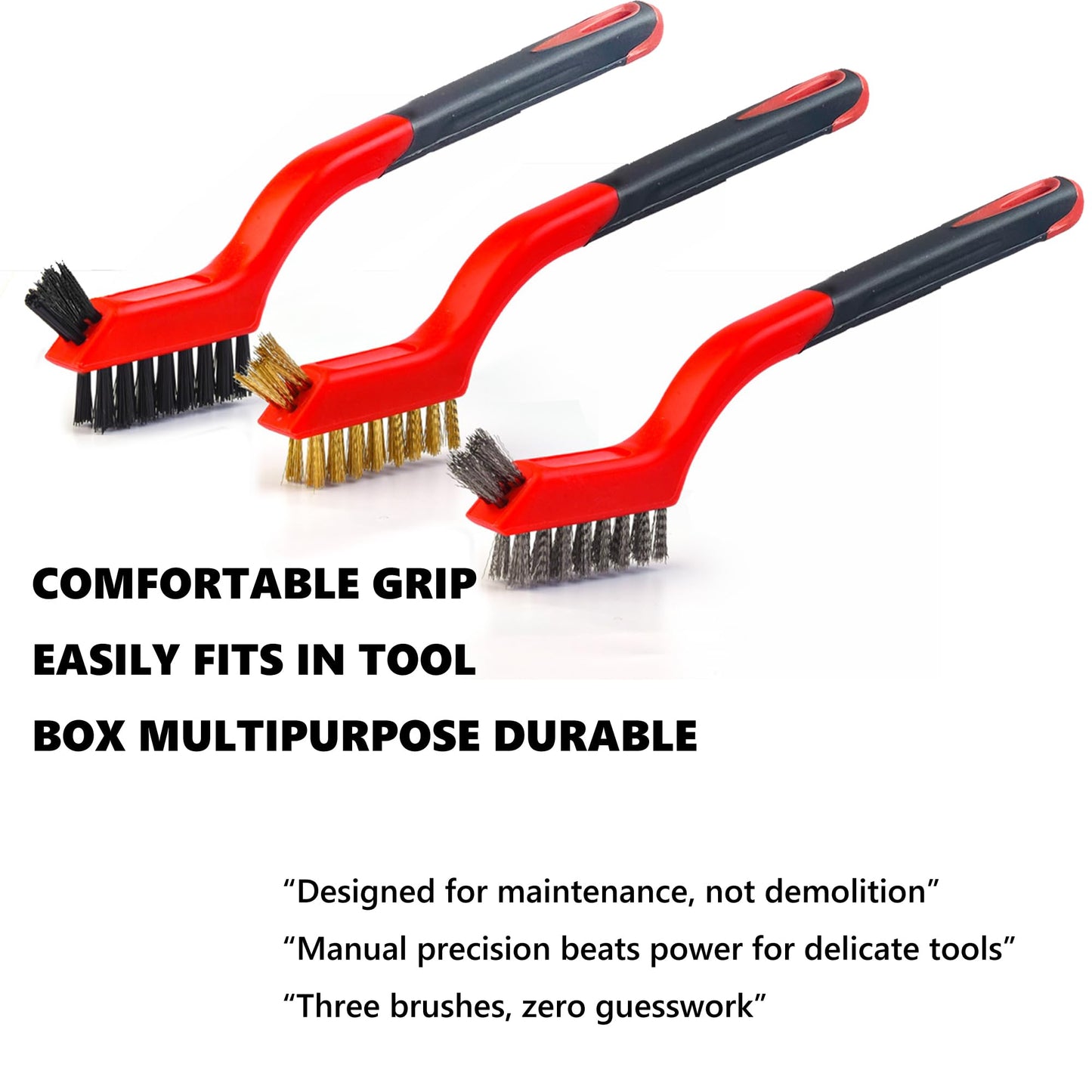 Wire Brush 9Pcs Metal Scrubber - Nylon/Brass/Stainless Steel Bristles with Curved Handle Grip for Cleaning Rust Removal, Dirt, Paint Scrubbing with Deep Cleaning – 7 Inches
