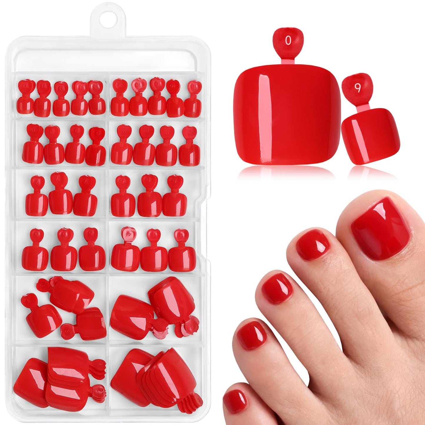 120pcs Red Press on Toenails for Women,Short Square Fake Toe Nails,12 Sizes False Toenails with Nail Glue and Adhesive Tabs