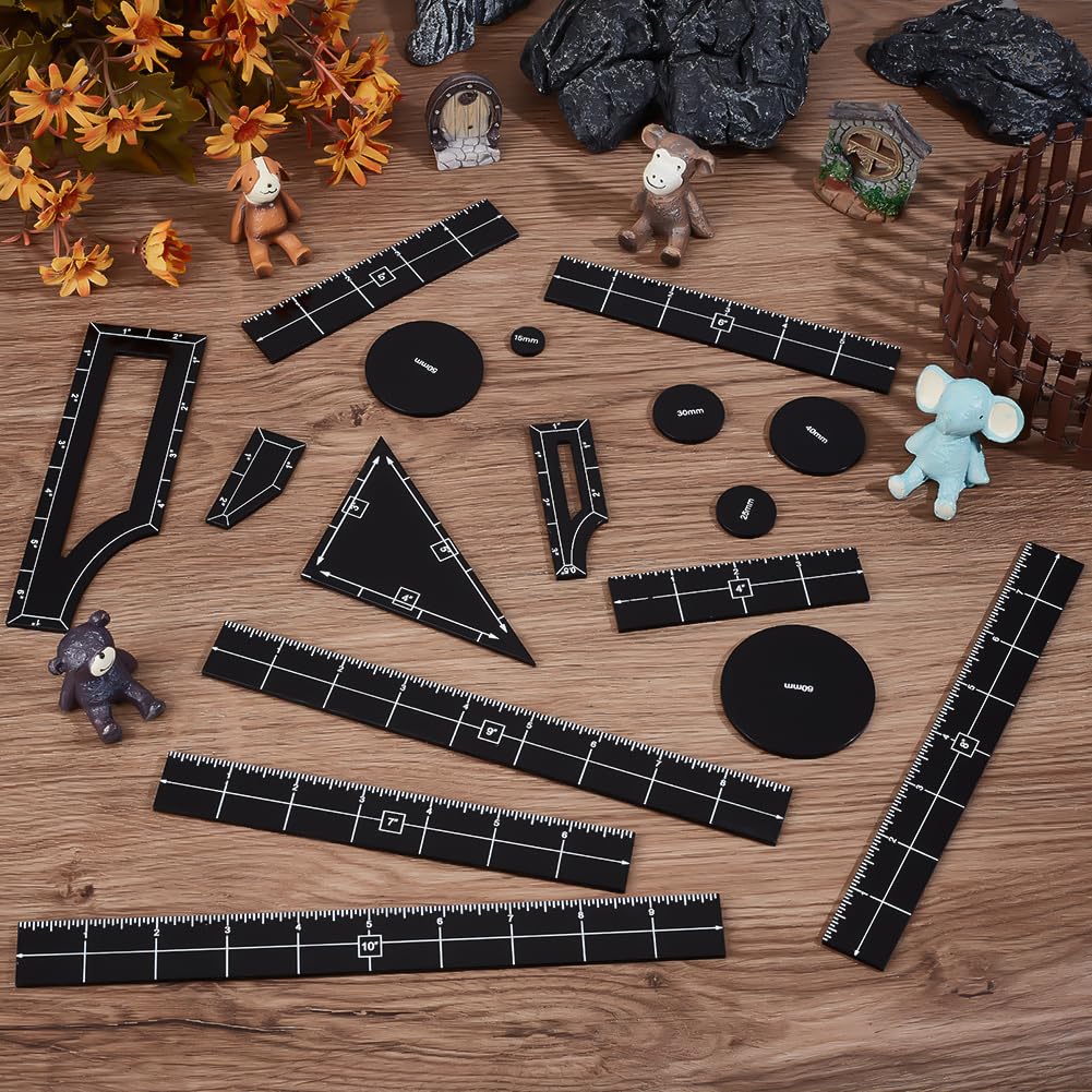 BENECREAT 17Pcs Black Objective Point Markers, Acrylic Objective Makers Ruler Set War Games Measuring Ruler, Round Objective Marker Gaming Accessory for Tabletop Wargames