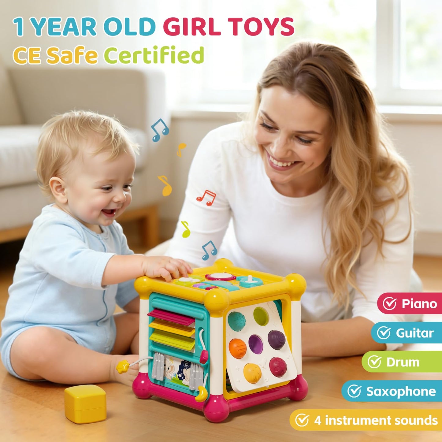 PANITU Baby Activity Cube, 6-in-1 Educational Early Development Toy with 4 Sensory Shape Blocks, Music Busy Board, Montessori Toys for 1 2 Year Old, Birthday Gift for 1 Year Old
