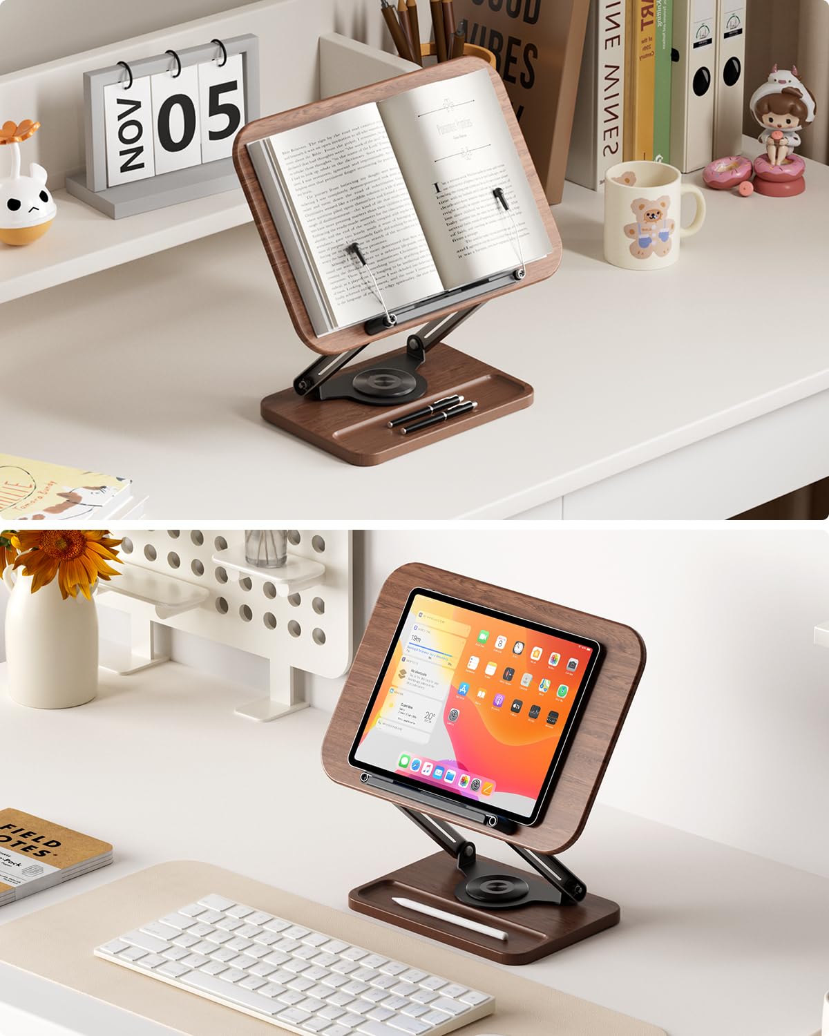 Viozon Book Stand for Reading, Book Holder 360° Rotating Base with Pen Slot, Foldable Reading Display Stand with Elastic Page Clips for Cookbook, Recipe, Textbook, Tablet, Laptop
