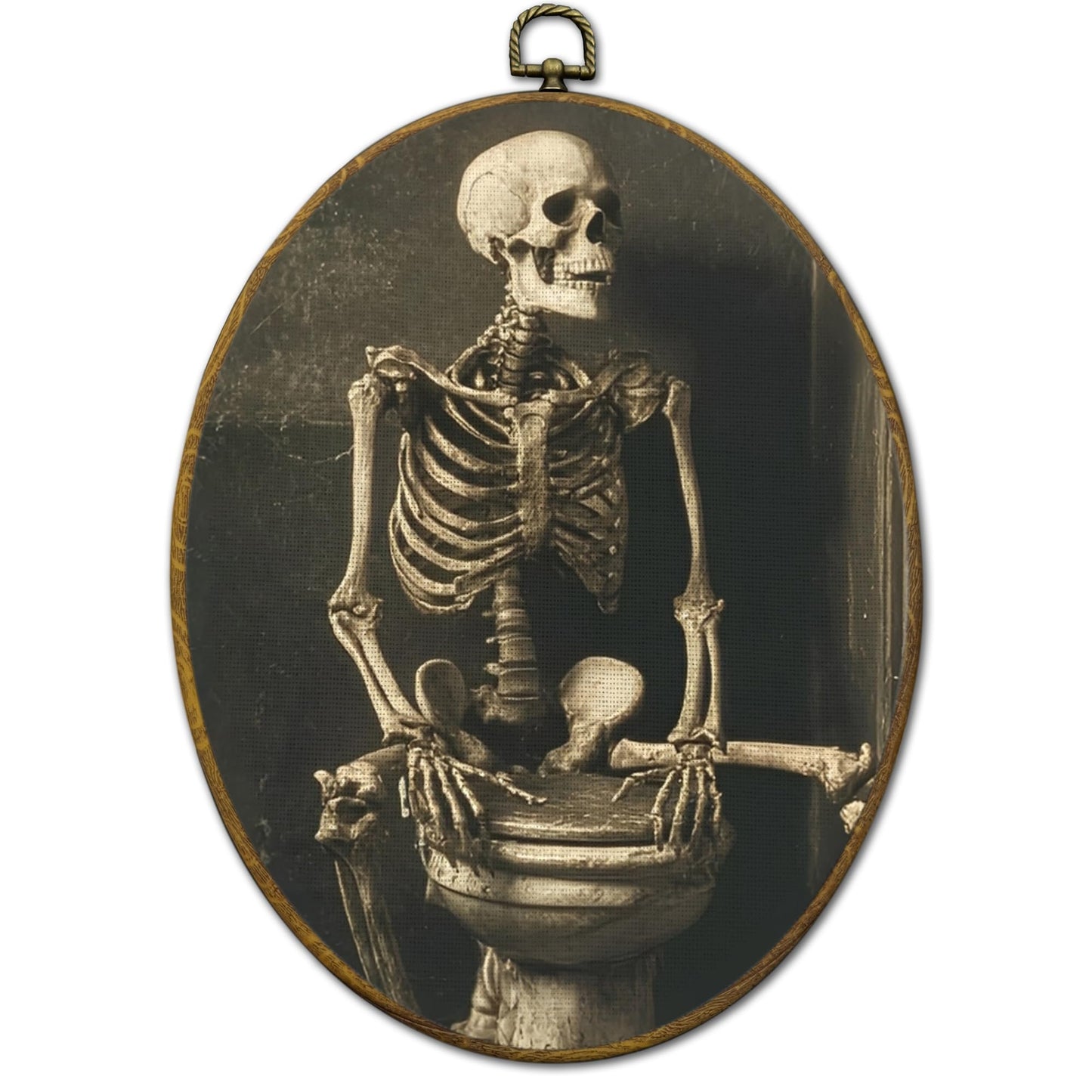 QZQE Funny Gothic Skeleton Bathroom Oval Wall Art Decor Framed, Moody Skeleton Oval Canvas Prints, Dark Academia Spooky Skull Wall Hanging Decor for Bathroom Washroom Restroom, 8.6x11.4 Inch