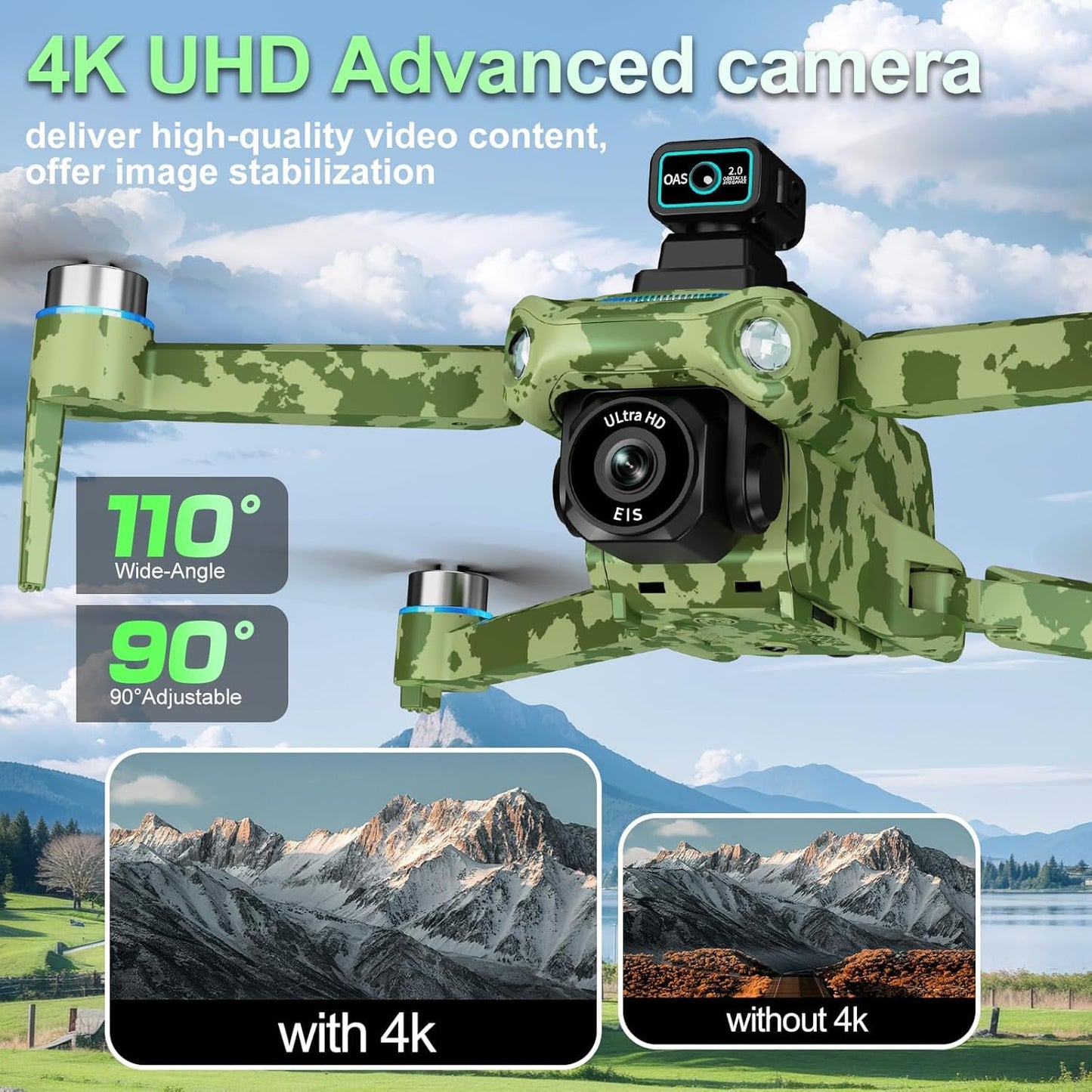 4K GPS Drone with Camera for Adults: Featuring Obstacle Avoidance, 5G FPV Transmission & Brushless Motor, Includes 3 Batteries & Screen Remote Controller in Army Green