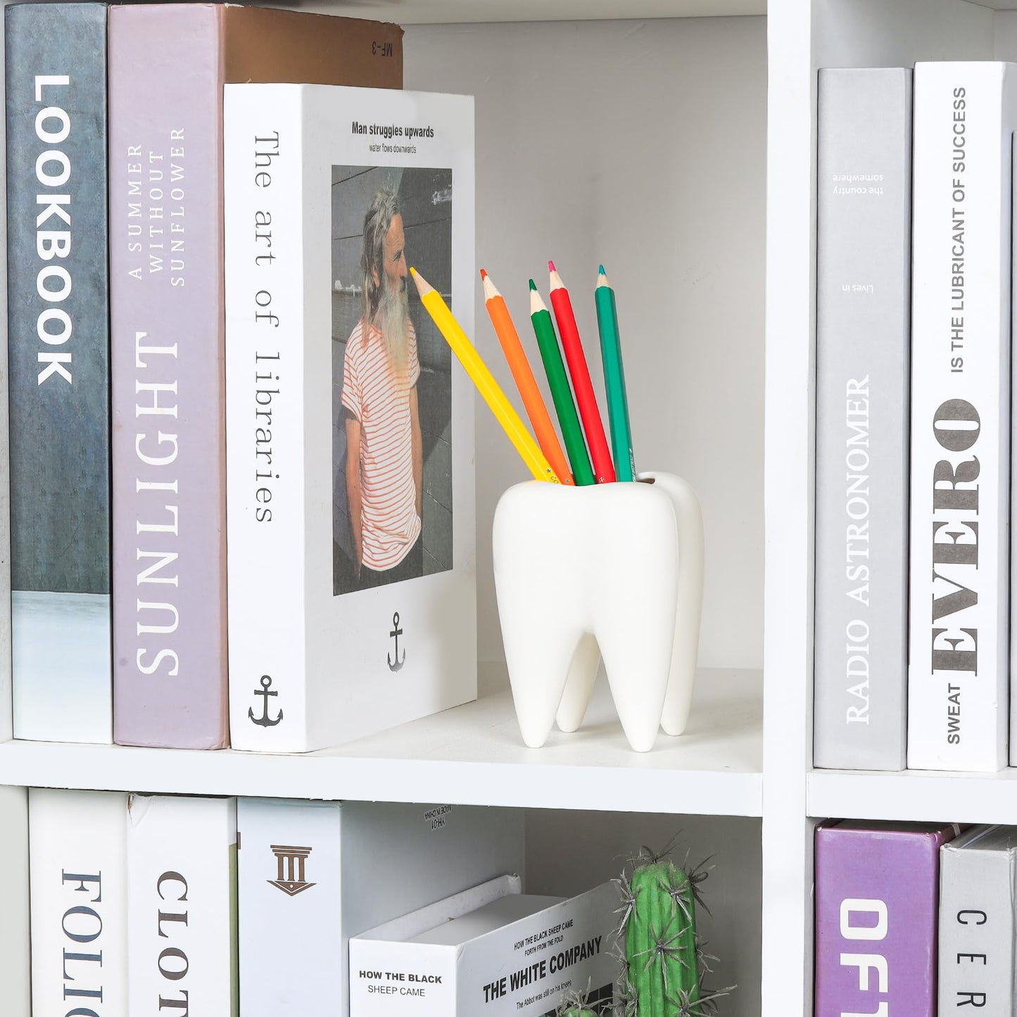 ComSaf Ceramic Pen Holder, Tooth Shaped Pen Holder for Desk, Cute Pencil Pot White Accessories Desk Organizers for Office, School, Home，Pack of 1