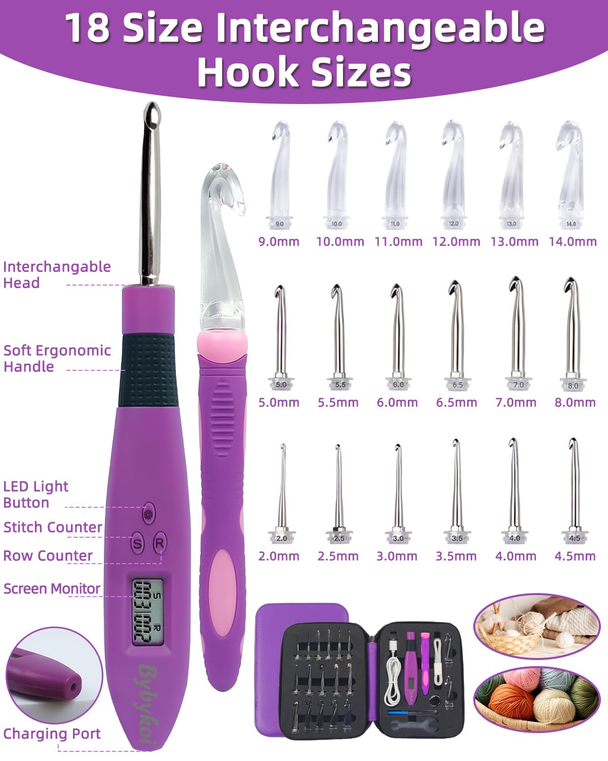 Light Up Crochet Hooks Set-18 Sizes Digital Crochet Hook with Counter 2.0~14.0mm, Ergonomic Lighted Crochet Hooks for Stitch & Row Counting