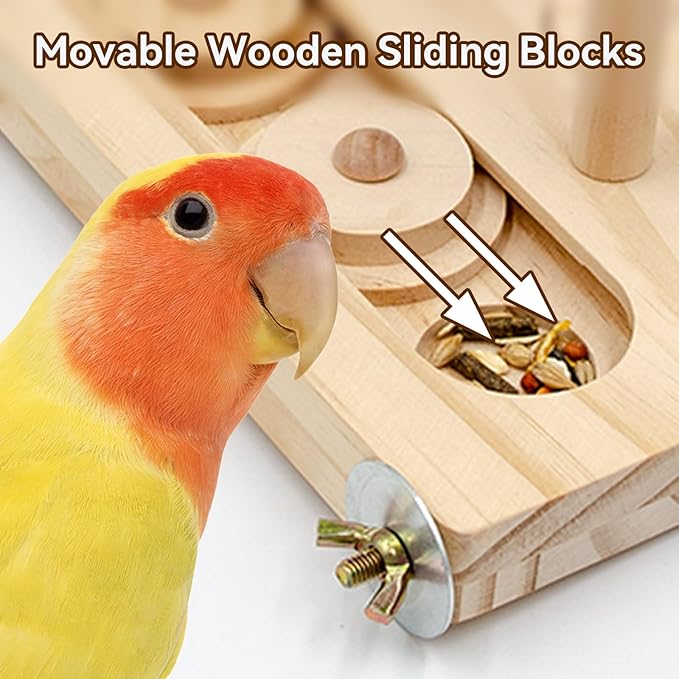 BingegePet Interactive Wooden Bird Foraging Toy – Cage-Mounted Puzzle Feeder with Sliding Locks, Loofah & Vine Ball for Budgies, Cockatiels, Conures & Small Parrots