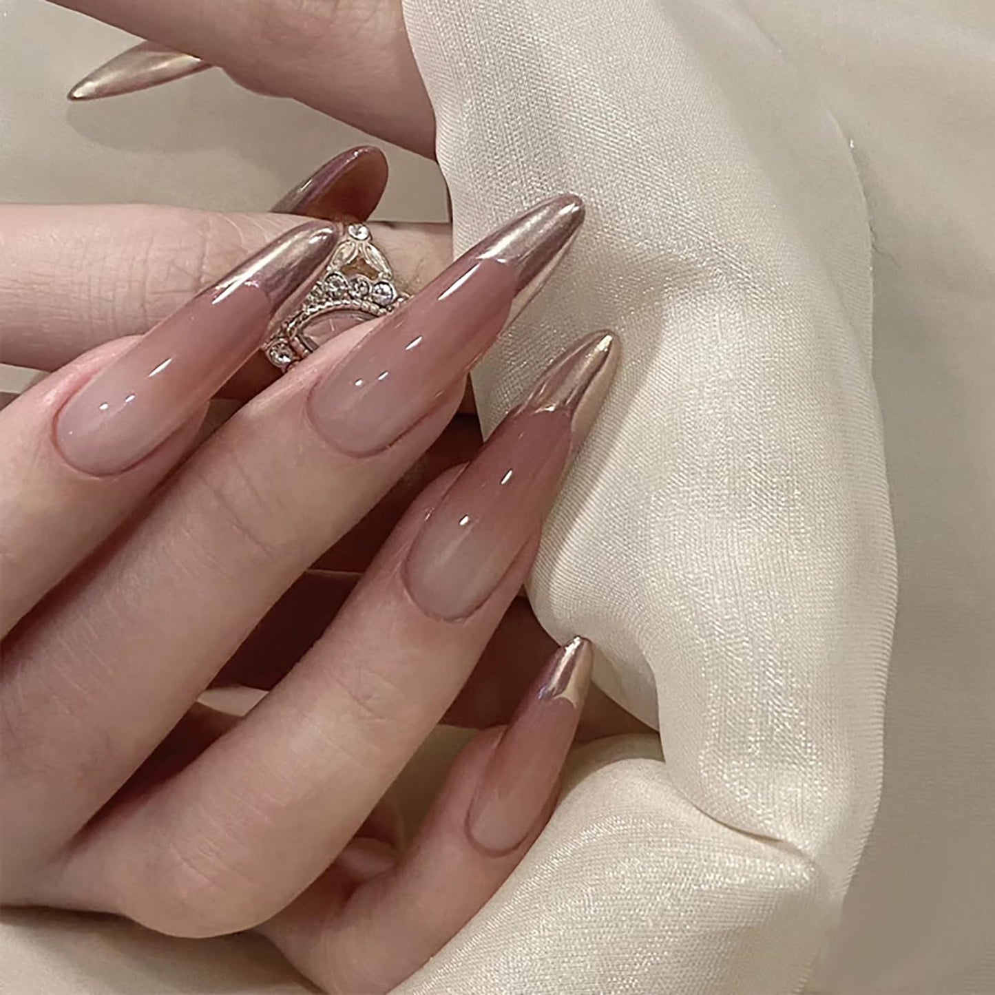 French Tip Press on Nails Long Almond Fake Nails Gradient Nude Gold Press ons Acrylic Nails False Glossy Full Cover Artificial Stick on Nails for Women Girls 24 Pcs