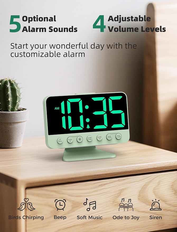 Odokee Digital Alarm Clocks for Bedrooms with Large Bold Number | Electric Desk Clock with Night Light & Brightness Dimmer - Loud Alarm for Heavy Sleepers with Adjustable Volume - Sage Green
