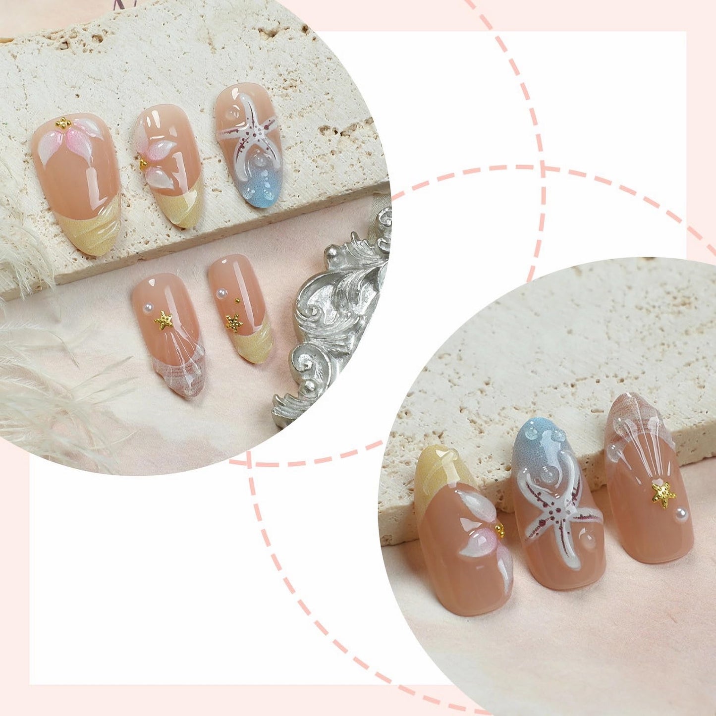 MISUD Press on Nails - Medium Almond Fake Nails with Summer Beach Acrylic Handmade 3D Flower Shell Design 30 pcs