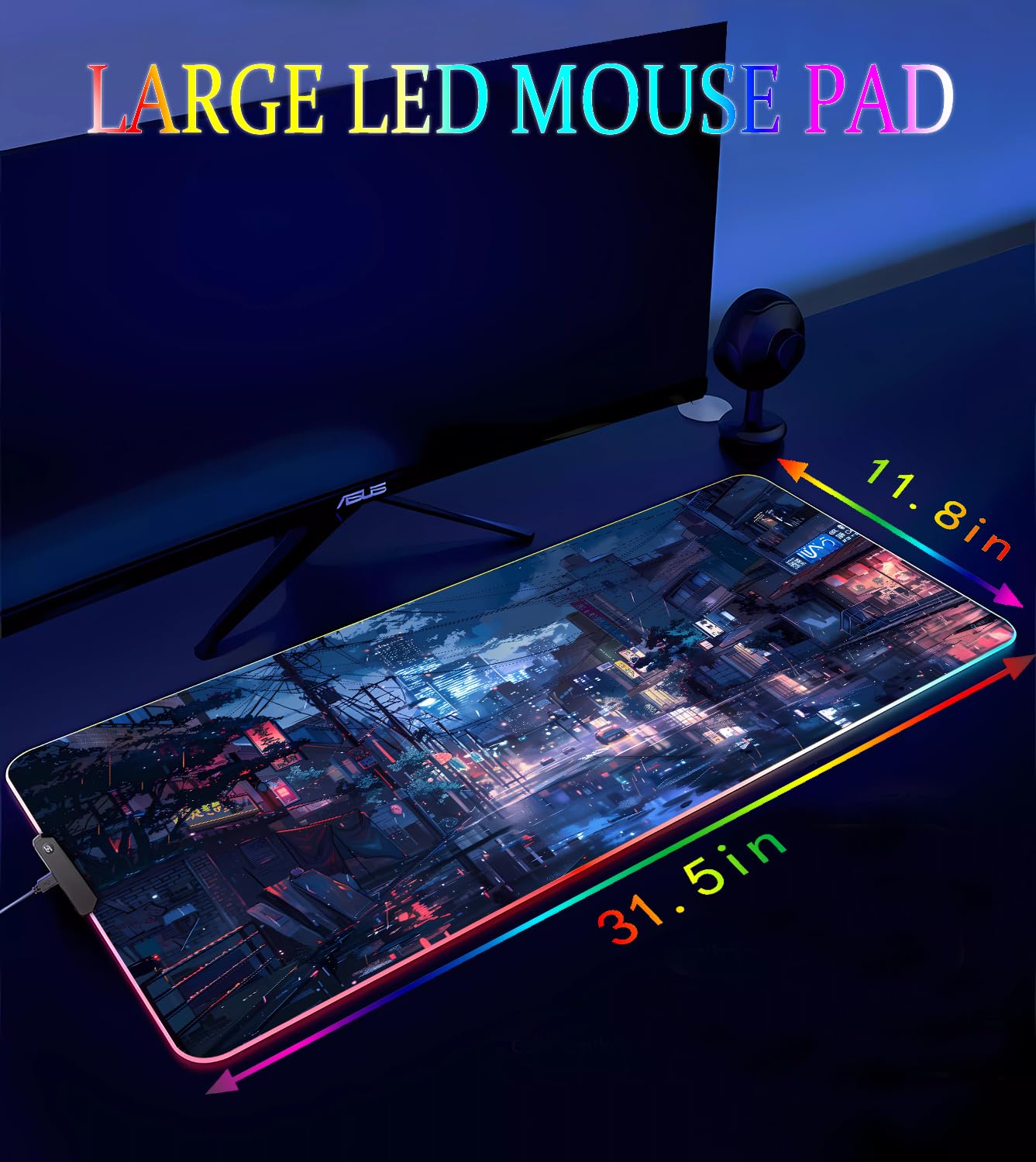 Armanza RGB Gaming Mouse Pad, Large Mousepad with Led Light, Gaming Accessories Keyboard Pad for Desk, Non-Slip Rubber Base Big Mouse Mat for Gamer, 31.5 X 11.8 Inch, Japanese Streets