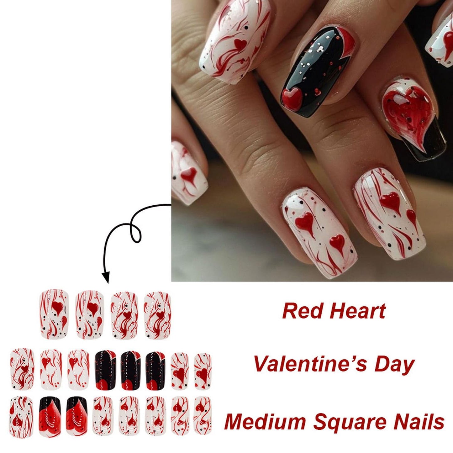 Valentine's Day Press on Nails Medium Length Fake Nails Black White Stick on Nails with Glossy designs Acrylic Nails Heart Love Stripe False Nails Full Cover Glue on Nails for Women 24pcs