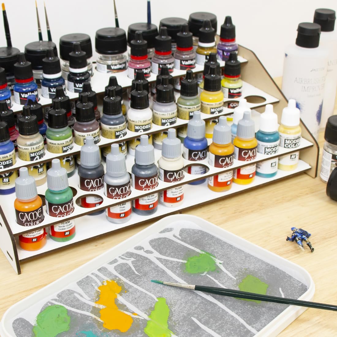 Hartem - Paint Organizer and Storage | Painting Holder Stand for Model Paints & Brushes | Acrylic Paint Rack for Miniature Painting | 52 Bottles (0.61 fl oz) + 8 Bottles (1.18/2.03 fl oz) + 22 Brushes