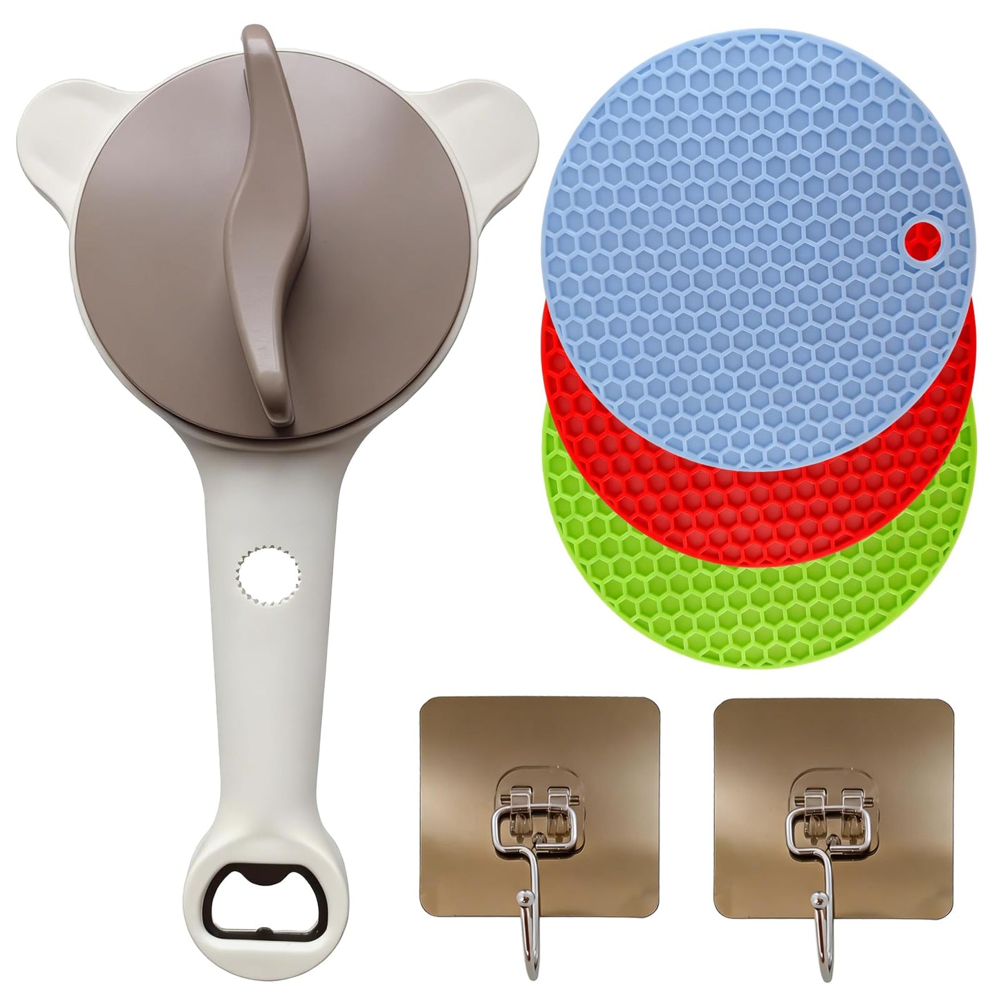 XINARIO 4-in-1 Jar Opener for Seniors, Weak Hands & Arthritis, Adjustable Gripper for 1"-3.5" Lids, Opens Jars, Bottles & Beer Caps, with 3 Non-Slip Mats & 2 Hooks for Wet Hands, Easy Kitchen Gadget