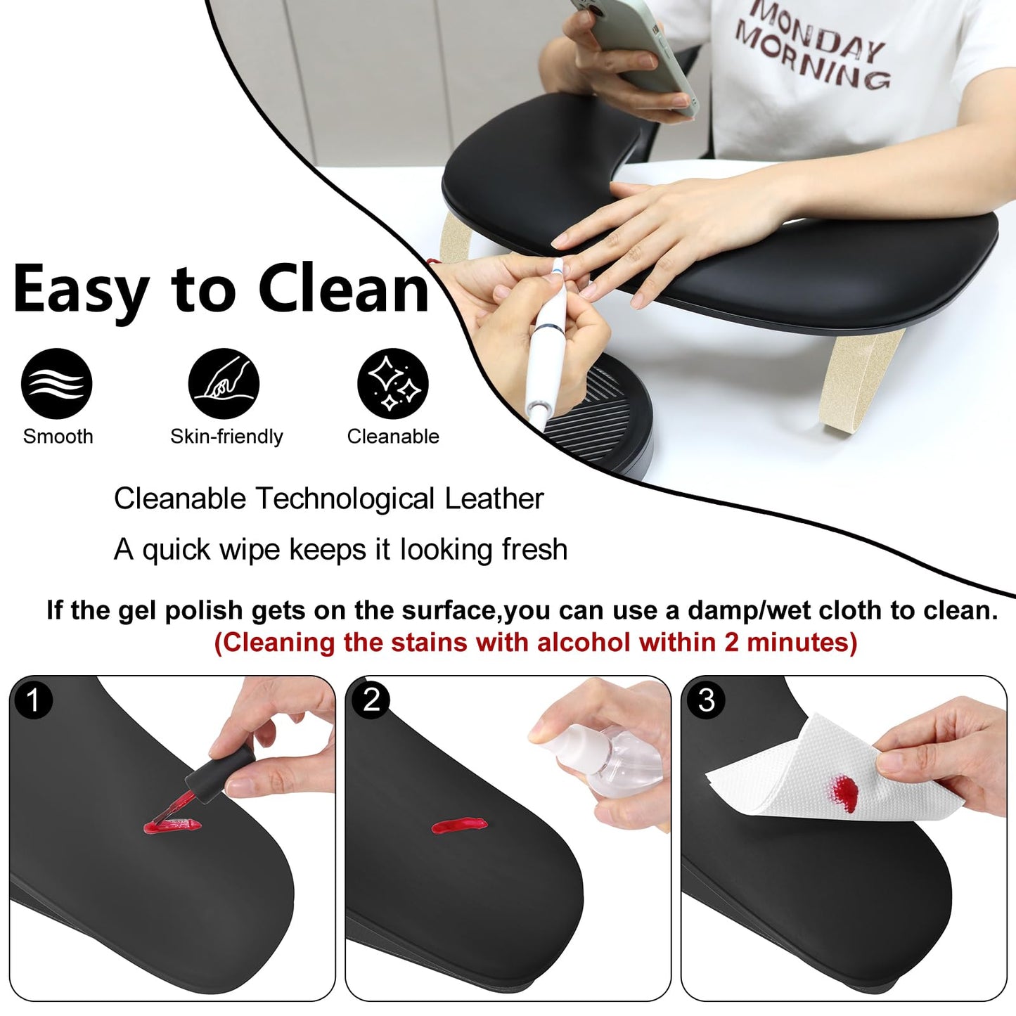 Manicure Arm Rest for Nails Tech,Cleanable Leather Nail Hand Rest,U Shaped Nail Arm Rest Stand with Aluminum Alloy Holder,Antislip Pads