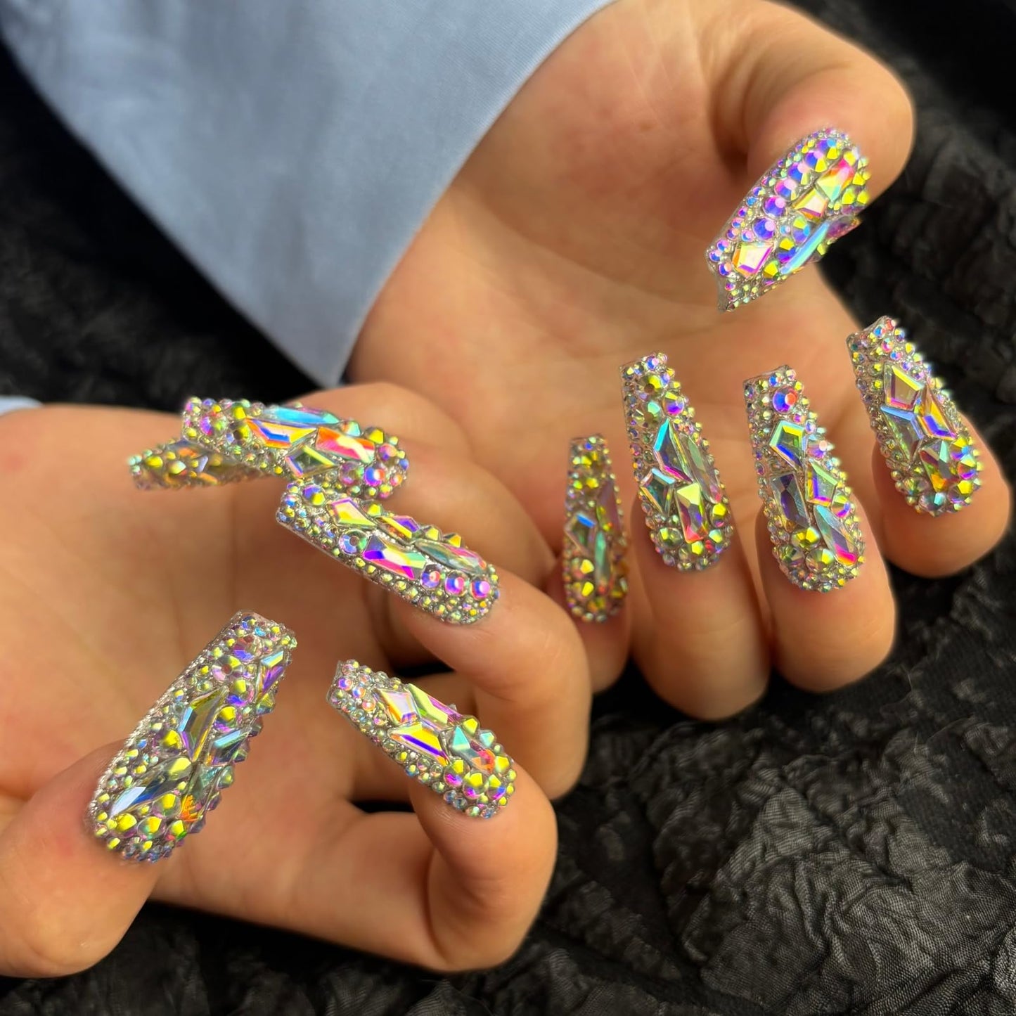 AKA Unicorn Trendy Handmade Press On Nails Long Square Shape,10Pcs Crystal AB Diamonds Acrylic Fake Nails with 3D Rhine Stone Luxury Design Stick On Nail for Woman Gift