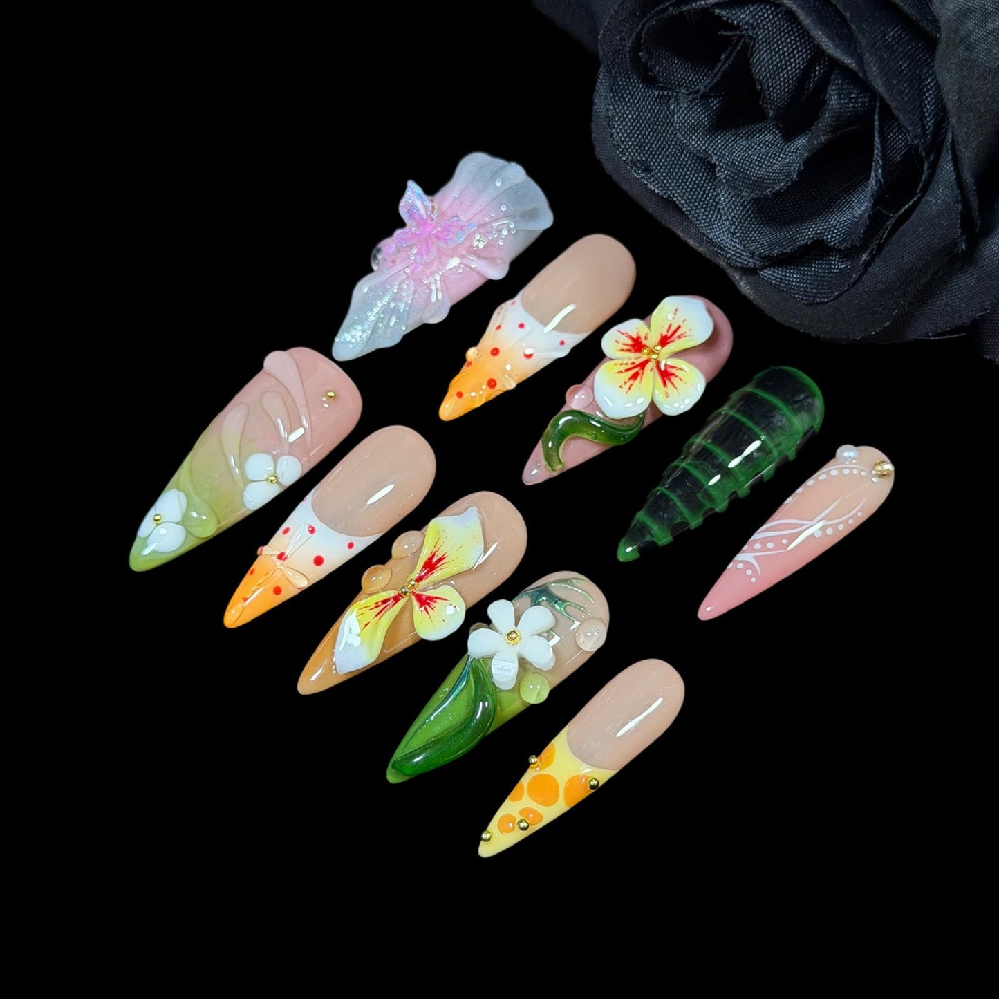 3D Floral Press On Nails – Handmade Stiletto Fake Nails with Butterfly, Gradient Ombre & Nail Art Design – Spring Summer Thick Acrylic Nail Set Tendril (S)