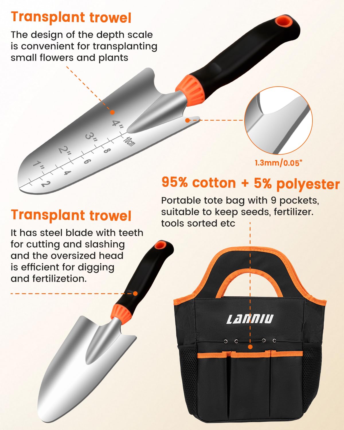 LANNIU 7-Piece Gardening Tools Set, Heavy Duty Stainless Steel Hand Tools with Blakc Tote Bag - Ergonomic Non-Slip Grip for Planting, Weeding & Digging
