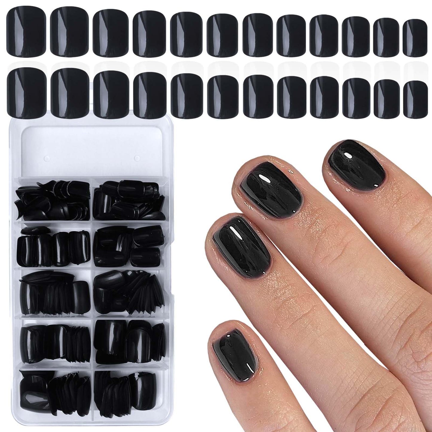 LuckForever Short Press on Nails 240pc Glossy Black Press on Nails Short Square Round Fake Nails Full Cover 10 Sheets Nail Adhesive Tabs,Small Wooden Sticks and Nail Files False Nails for Women