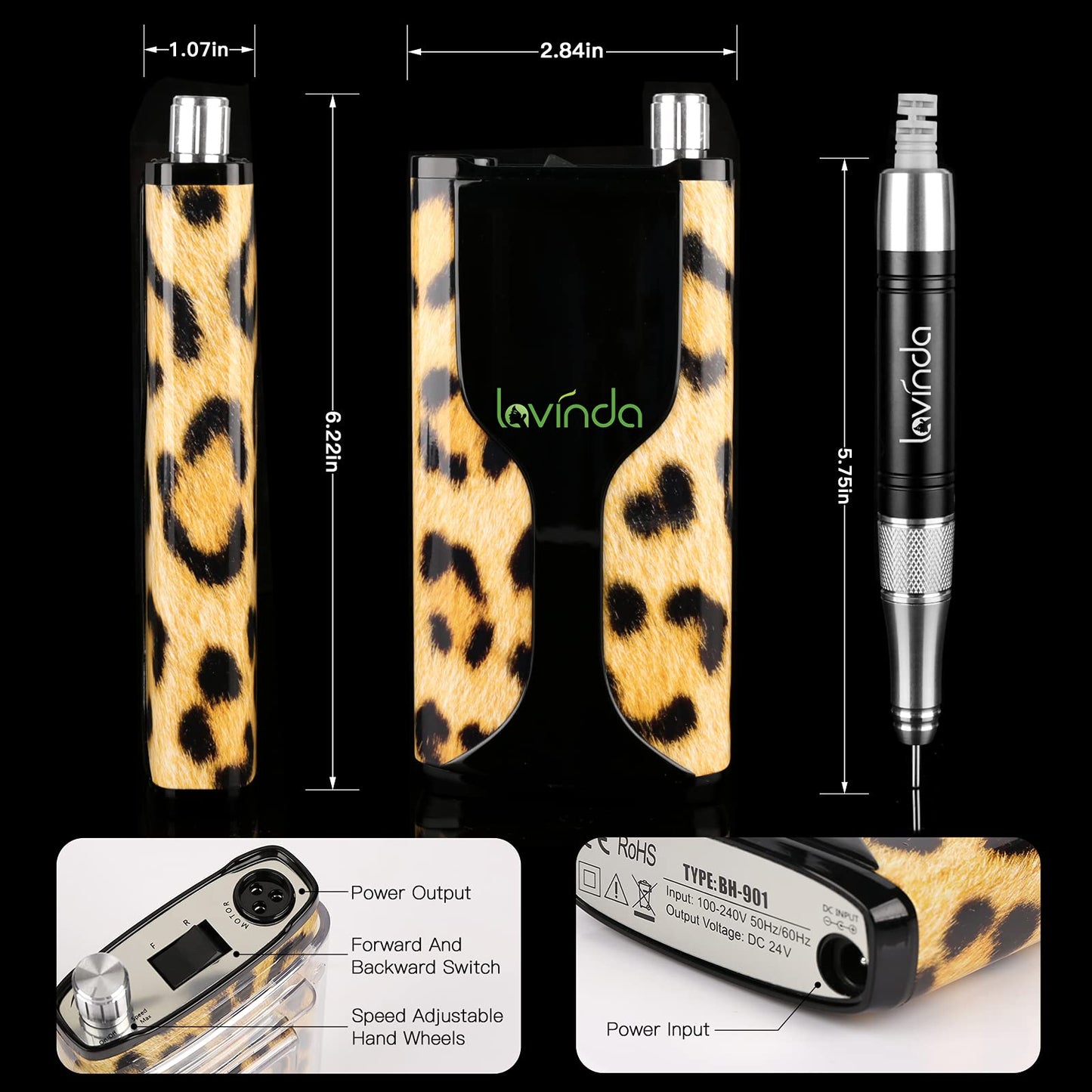 Professional Nail Drill Machine, Lavinda portable 35000RPM Electric nail drill Cordless Rechargeable Efile, Powerful Brushless Motor Electric Nail File for Acrylic Nails with Carrying Case,Black