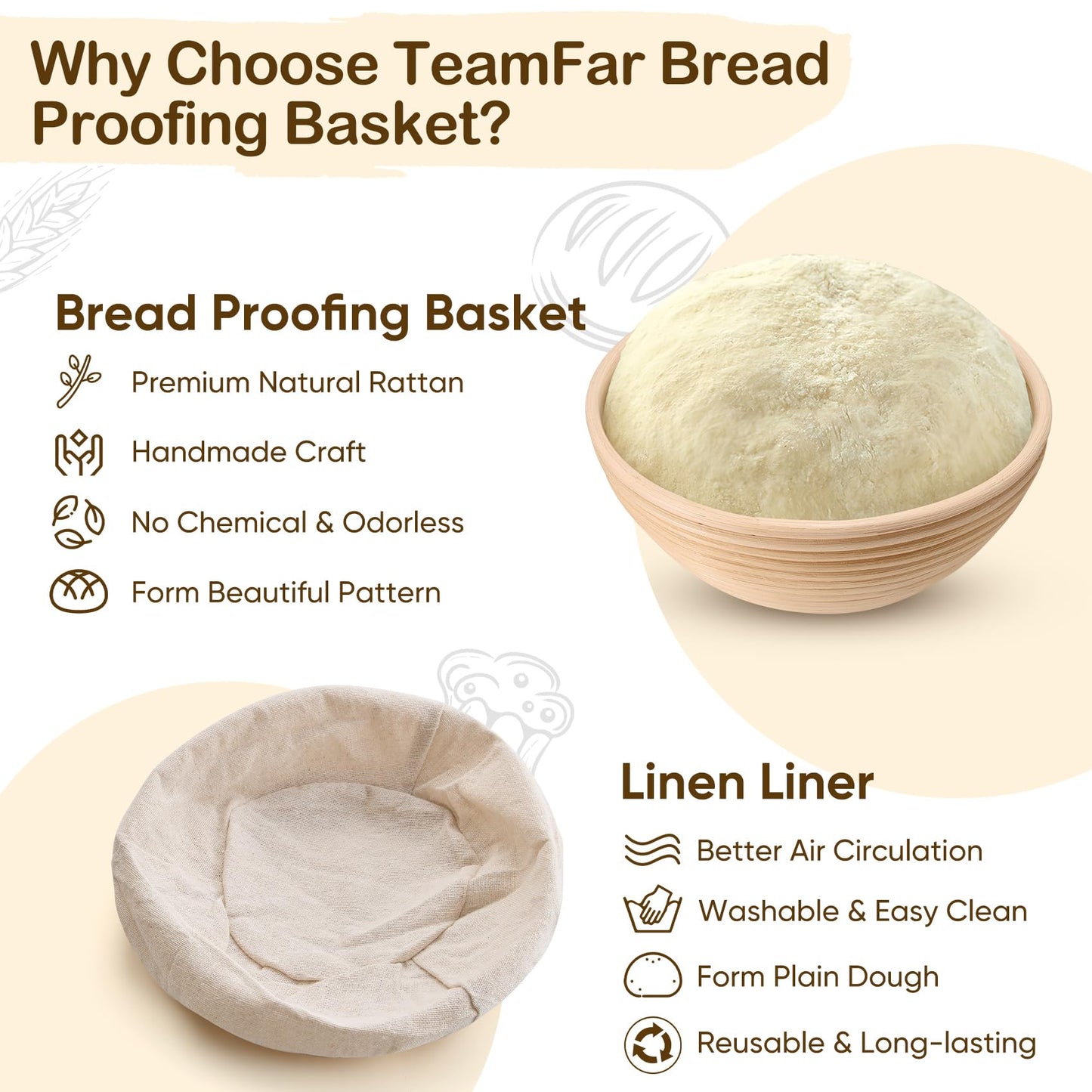 TeamFar Bread Proofing Basket Set of 2, Sourdough Bread Baking Supplies, 9 Inch Round Proofing Baskets for Sourdough Bread Baking, Proofing Bowls with Liner for Dough Fermentation