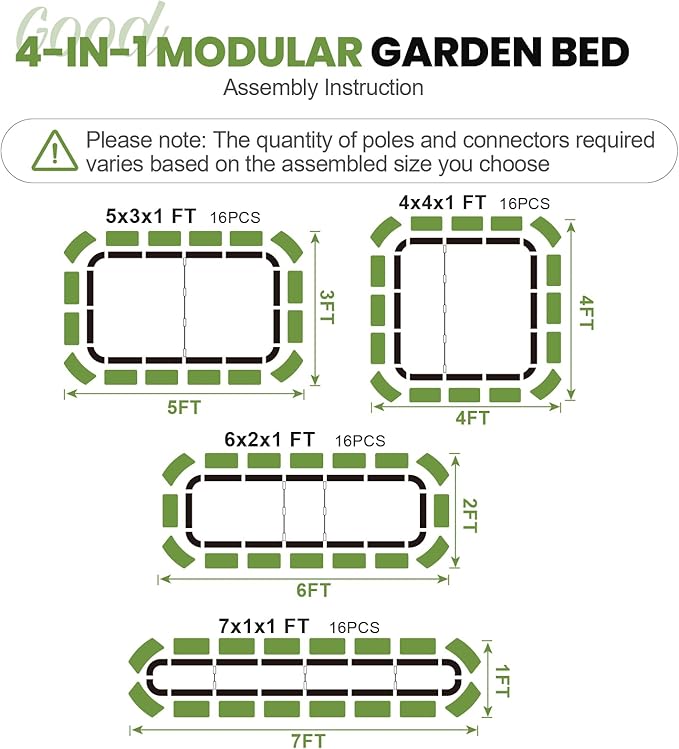 G GOOD GAIN 4-in-1 Adjustable Raised Garden Bed Kit | Galvanized Planter Boxes for Vegetables, Flowers | 12" Tall, Multiple Sizes (5x3x1ft, 4x4x1ft, 6x2x1ft, 7x1x1ft) | Outdoor Metal Raised Bed, Green