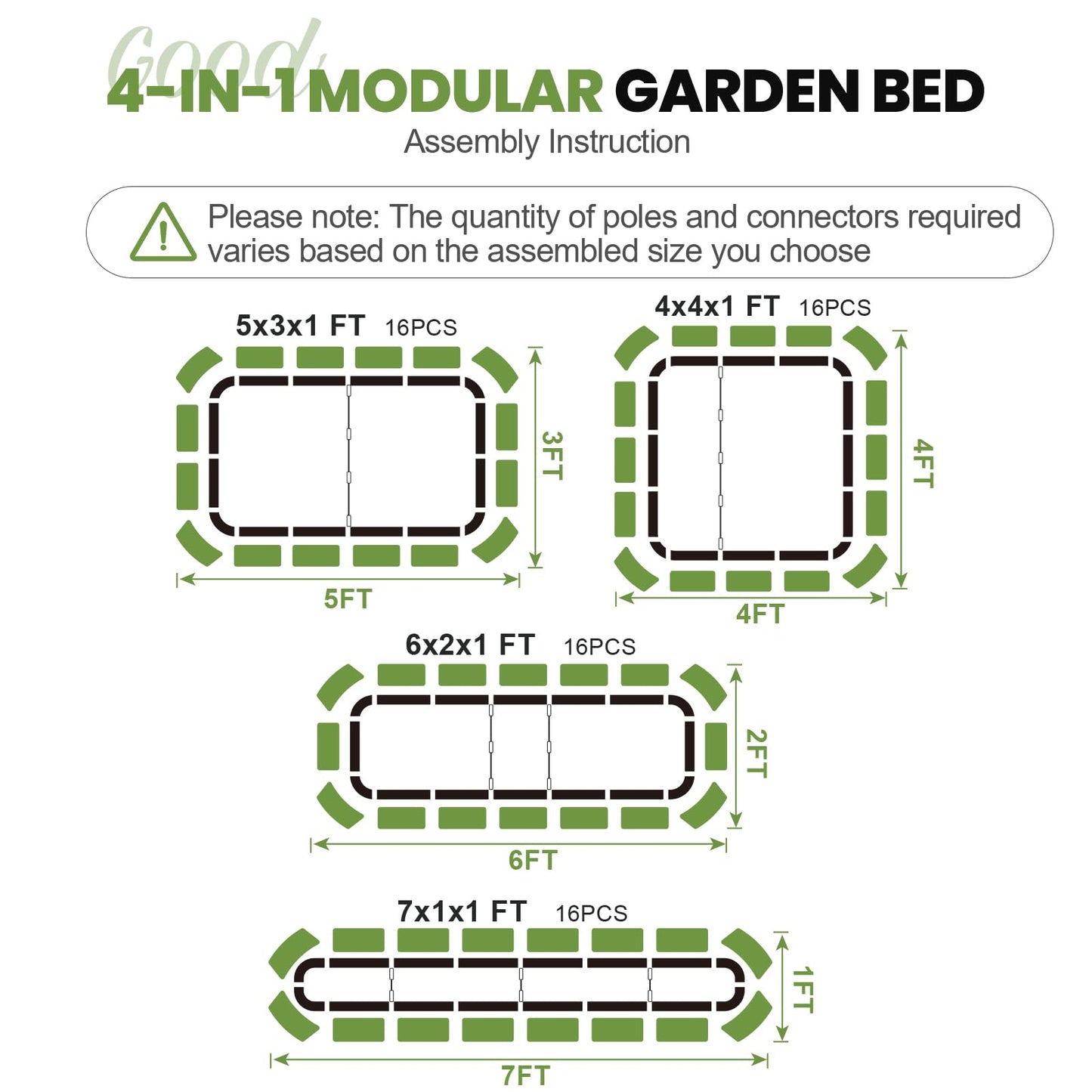 G GOOD GAIN 4-in-1 Adjustable Raised Garden Bed Kit | Galvanized Planter Boxes for Vegetables, Flowers | 12" Tall, Multiple Sizes (5x3x1ft, 4x4x1ft, 6x2x1ft, 7x1x1ft) | Outdoor Metal Raised Bed, Green