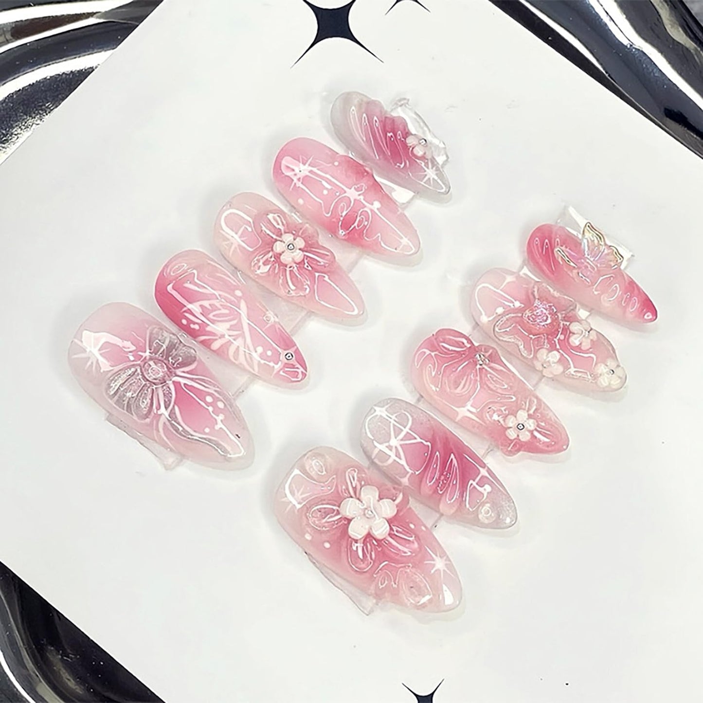 BMKKOT 24Pcs Pink Almond Nails-12: 3D Flower Acrylic Nails, Butterfly Bow, Water Ripple Design, Glossy Finish, Full Cover Nail, ABS Material, Almond Shape, Press-On False Nails