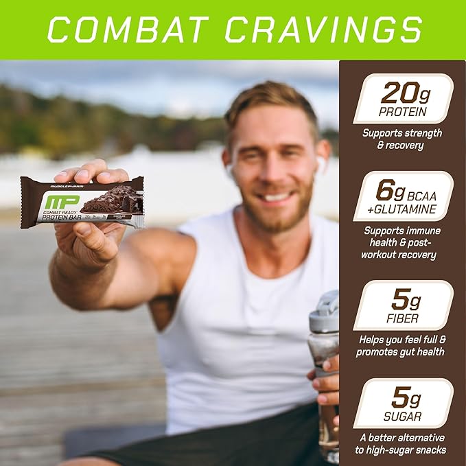 MusclePharm Combat Sport Bar, Chocolate Cake Flavor High Protein Bars, Combat Cravings, Fuel Performance & Meet Energy Demands, 20g Protein from Whey Protein, 5g Fiber, Gluten Free, 12 Bars