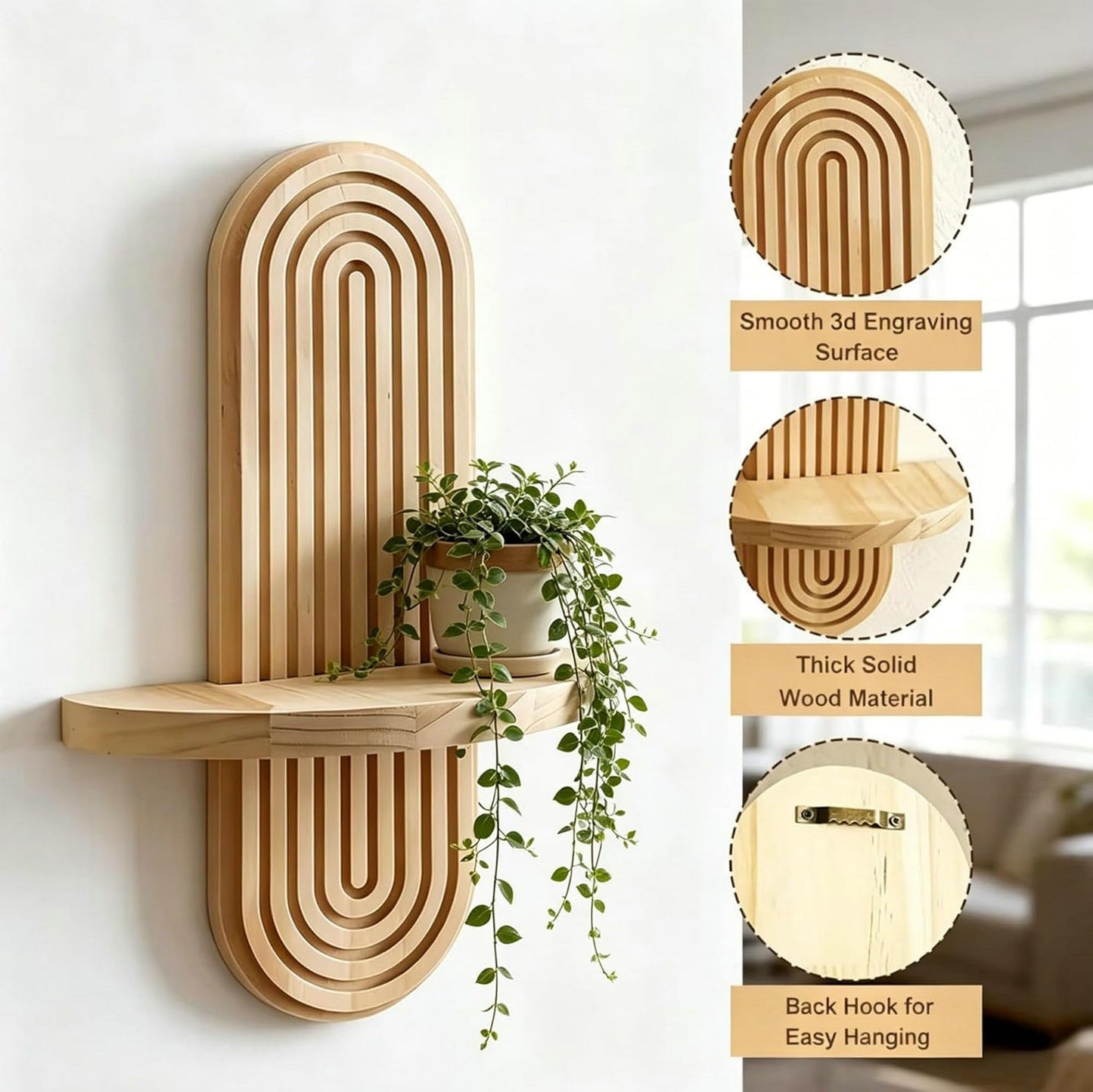 2 Pack Boho Wall Decor Shelf, Solid Wood Arched Wall Shelves, 11.8" X 7.8" Rustic Wall Mounted Shelves for Indoor, Wall Plant Holder for Succulents & Mini Plant Pots (Natural, 11.8" X 7.8")