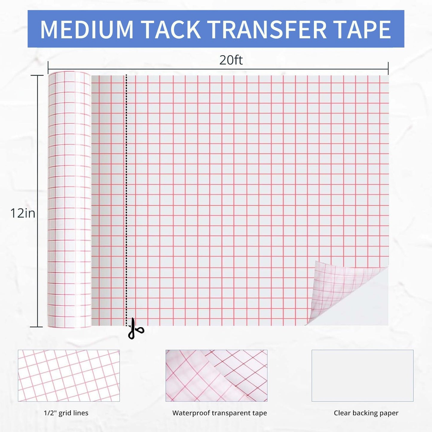 HTVRONT Transfer Tape for Vinyl - 12" x 20 FT Red Alignment Grid Clear Transfer Paper for Adhesive Vinyl - Medium Tack Transfer Tape for Signs Stickers Decals Walls Doors