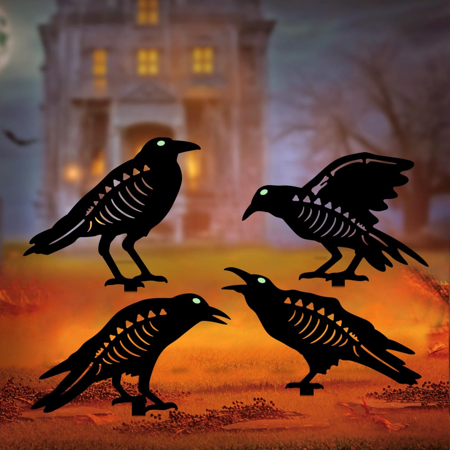 YY Gardenia Halloween Decorations Outdoor,Metal 4 Pack Black Crow Garden Stake - Spooky Glow in The Dark Raven Silhouette Crows Halloween Decorations