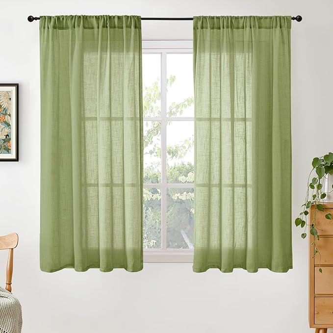 BGment Green Linen Curtains 45 Inch Length for Kitchen Cafe Window - Short Semi Sheer Natural Textured Drapes Rod Pocket Rustic for Small Living Dining Room Lightweight, 2 Panels Set, 42 X 45 Inch