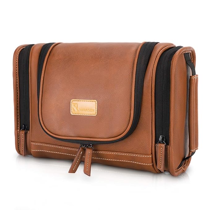 MIRASON Travel Toiletry Bag, Hanging Toiletry Bag for Men, Leather Travel Shower Bag for Toiletries Dopp Kit Bathroom Bag with Metal Hook, Gift for Men (Brown)