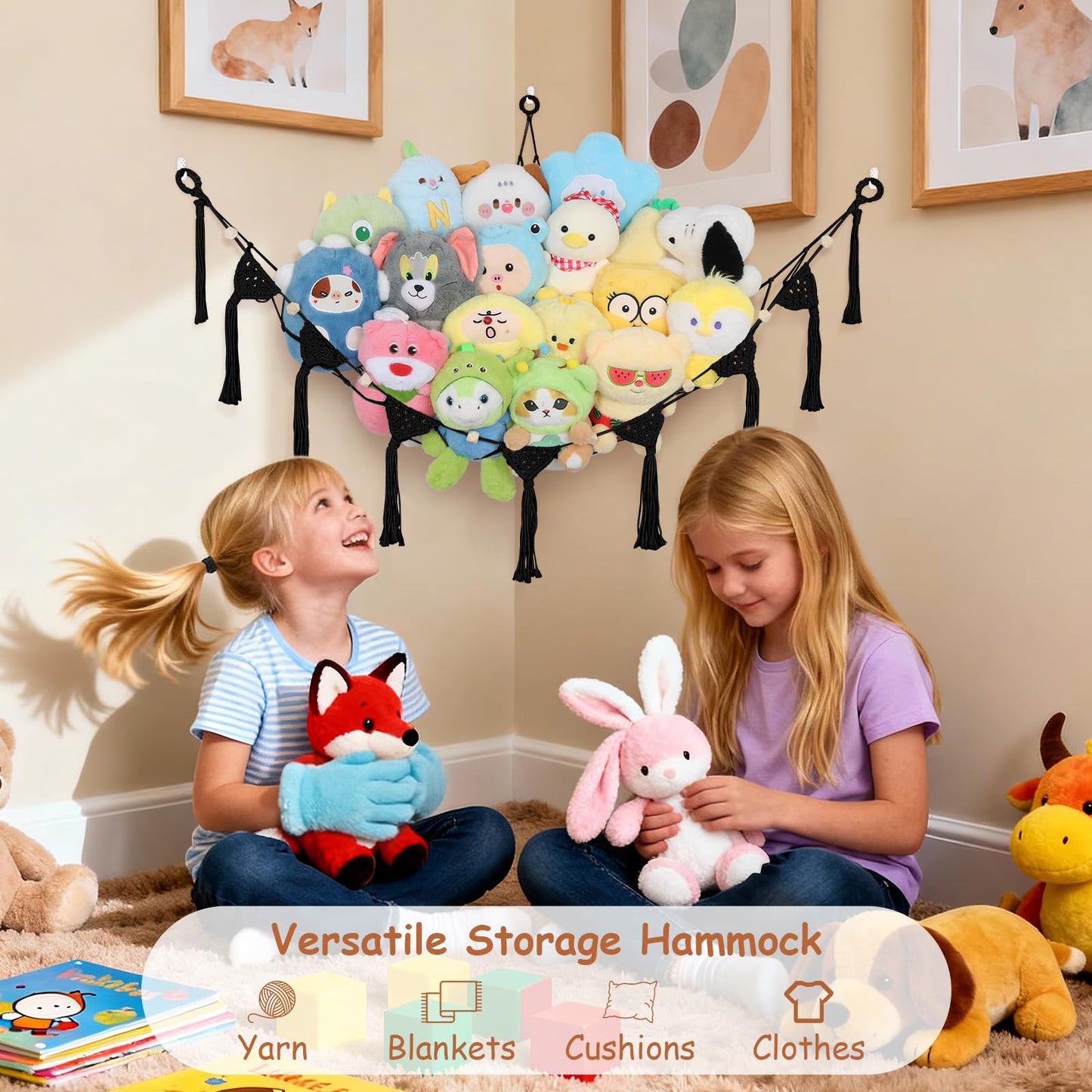 Stuffed Animal Storage Hammock Corner, 57 Inch Large No Drilling Handcrafted Stuffed Animal Net, Natural 100% Cotton Boho Macrame Toy Hammock Stuffed Animal Organizer for Kid Room Nursery Decor(Black)