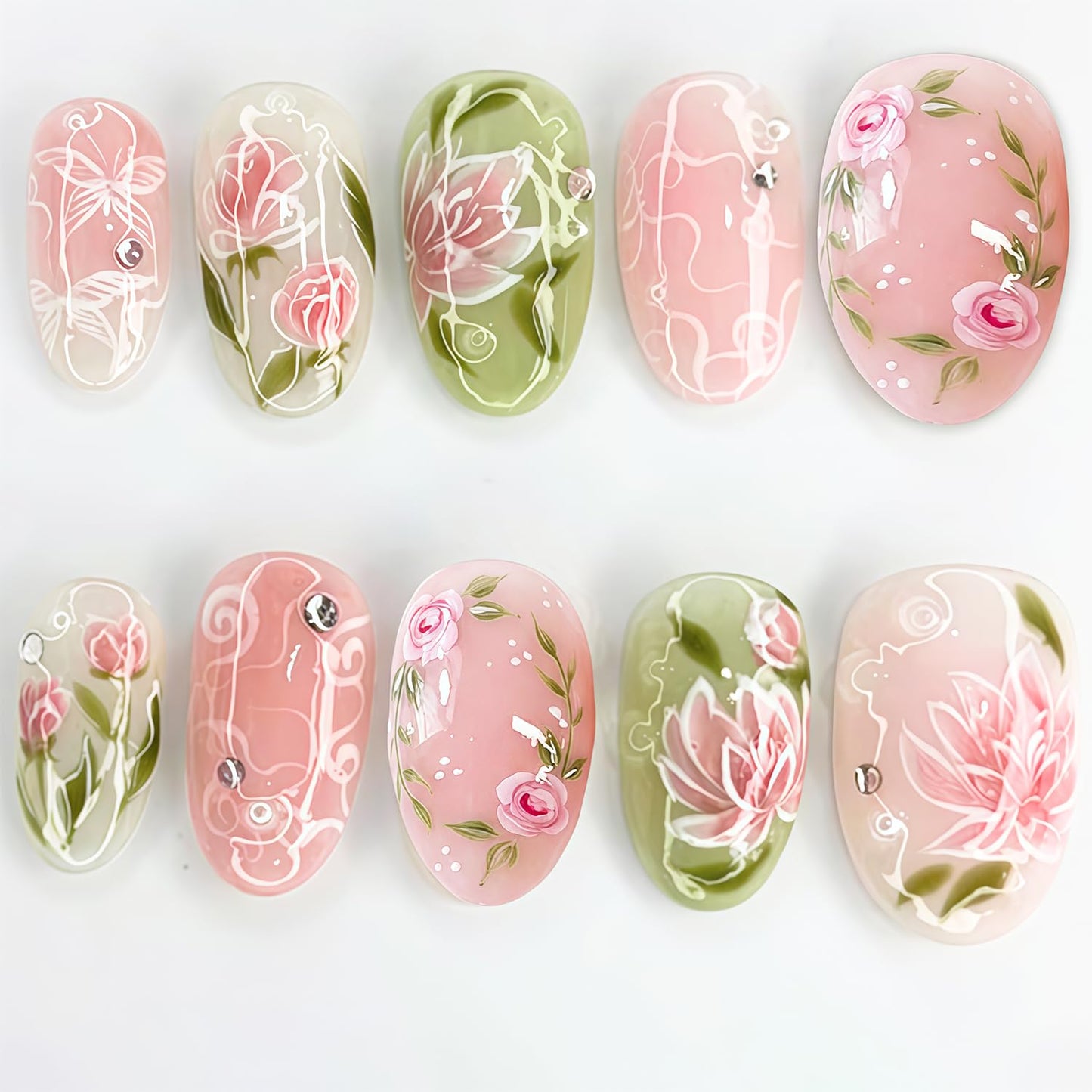Pink Flower Press on Nails Short Oval Cute Fake Nails with 3D Rhinestone Design Spring Acrylic Nails Butterfly False Nails Summer Glue on Nails Lotus Flower Rose Press ons Artificial Nails Decor 24Pcs