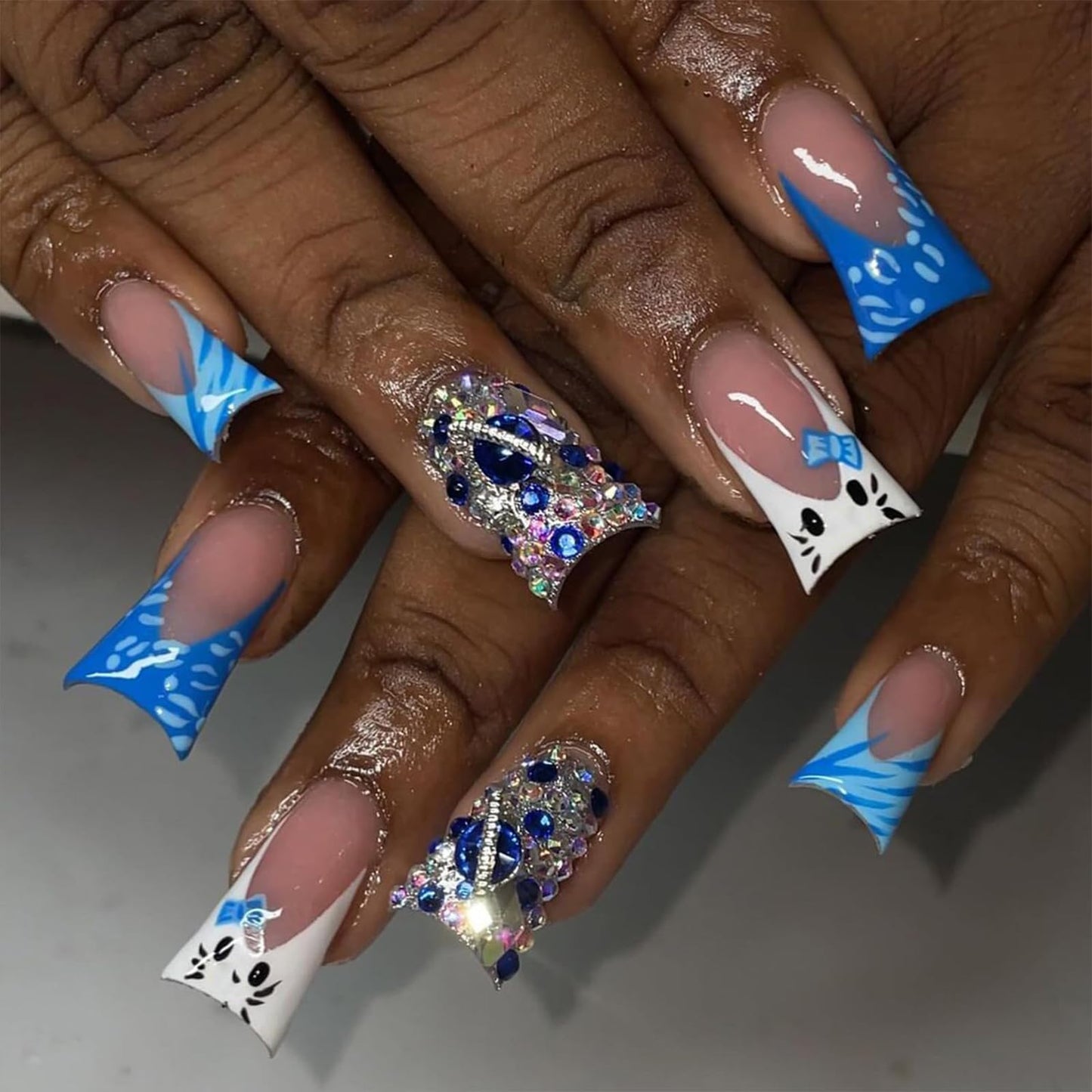 IMSOHOT Blue Press on Nails Gel Duck Fake Nails Handmade Y2K French False Nails Tips with Kitten Diamonds Designs Glossy Duckbill Nails for Women and Girls
