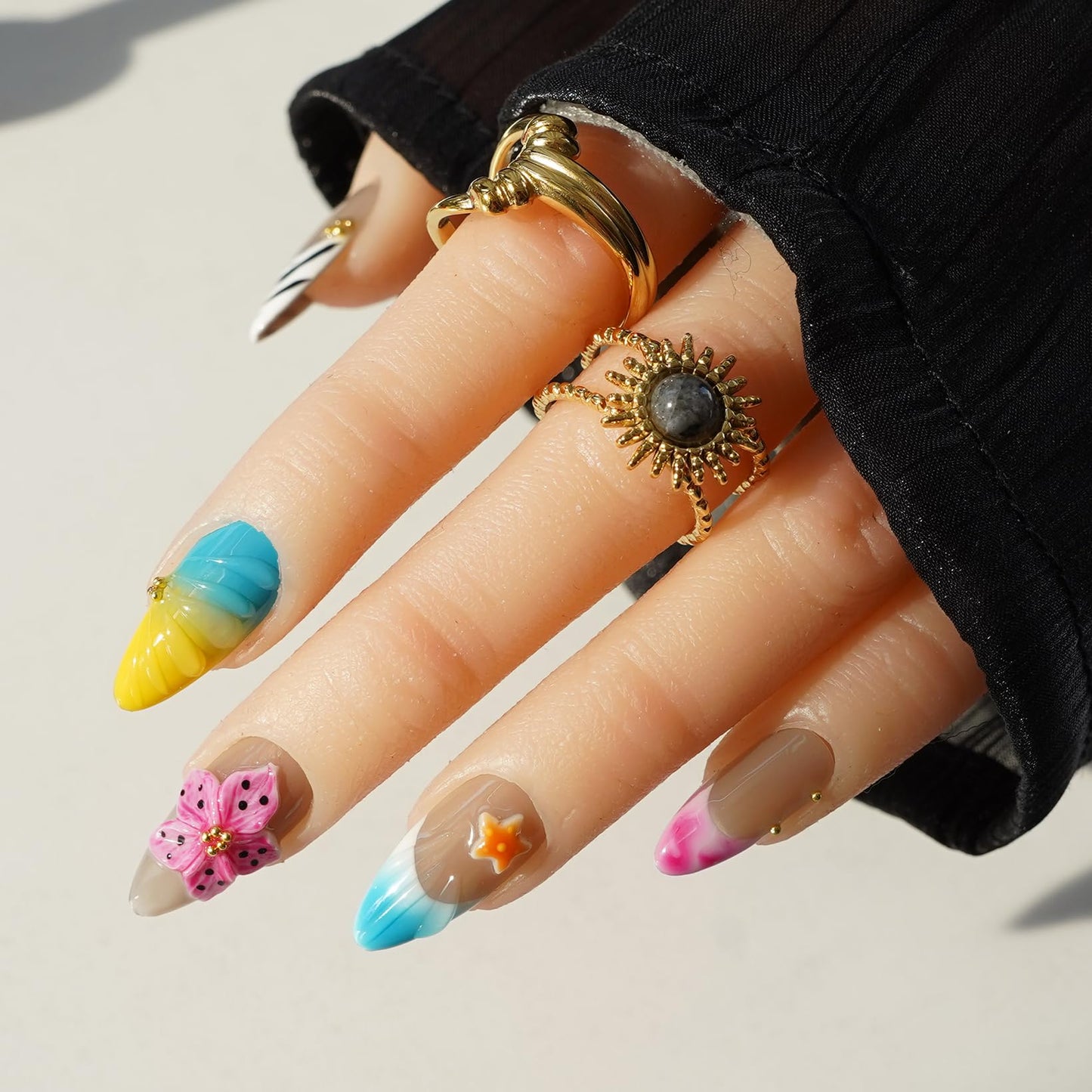 Handmade Press on Nails for Women - Medium Almond 3D Thick Acrylic Reusable Fake Nails with Designs Summer Floral Boho Funky Tropical Cute Nail-art Set 10pcs,colorful,S