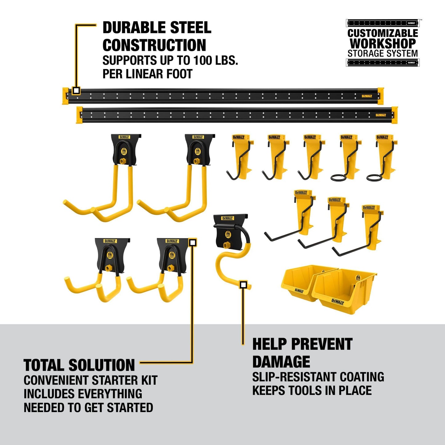 DEWALT Tool Organizer, 21 Piece Accessory Starter Kit, Includes 2 Metal Rails, 13 Hooks, and 2 Plastic Bins, DEWALT Workshop Storage System Compatible (DWST82801)