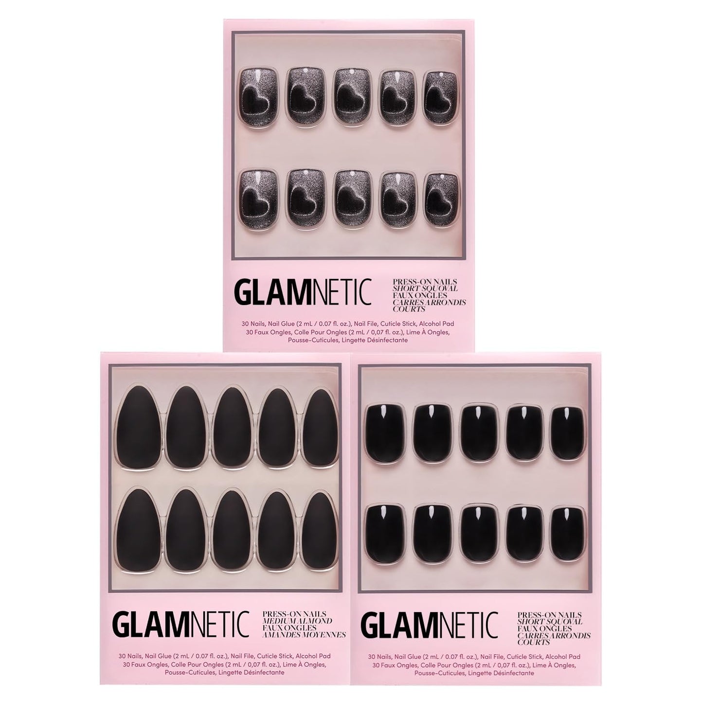 Glamnetic Press-On Nails Bundle - Midnight Romance, Jet Black & Red Bottom | Squoval Black Fake Nails with Magnetic Cat-Eye Design | Squoval Black Fake Nails with a Glossy Finish | Red Acc