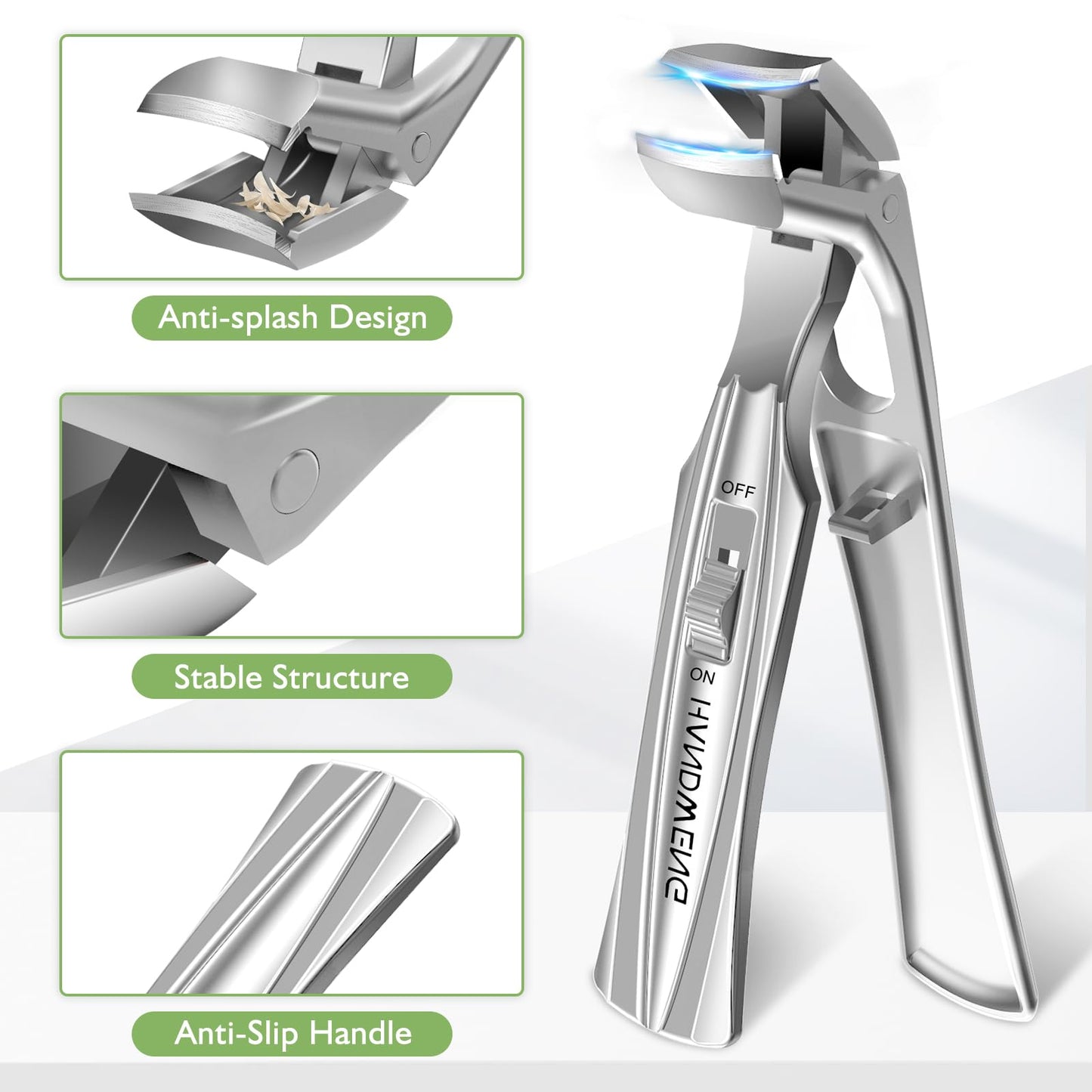 HANDWENG Toenail Clippers for Seniors Thick Toenails, Angled Head Large Toe Nail Clippers for Men with Wide Jaw Opening, Sharp Heavy Duty Fingernail Clipper Cutter with Catcher Long Handle - Silver