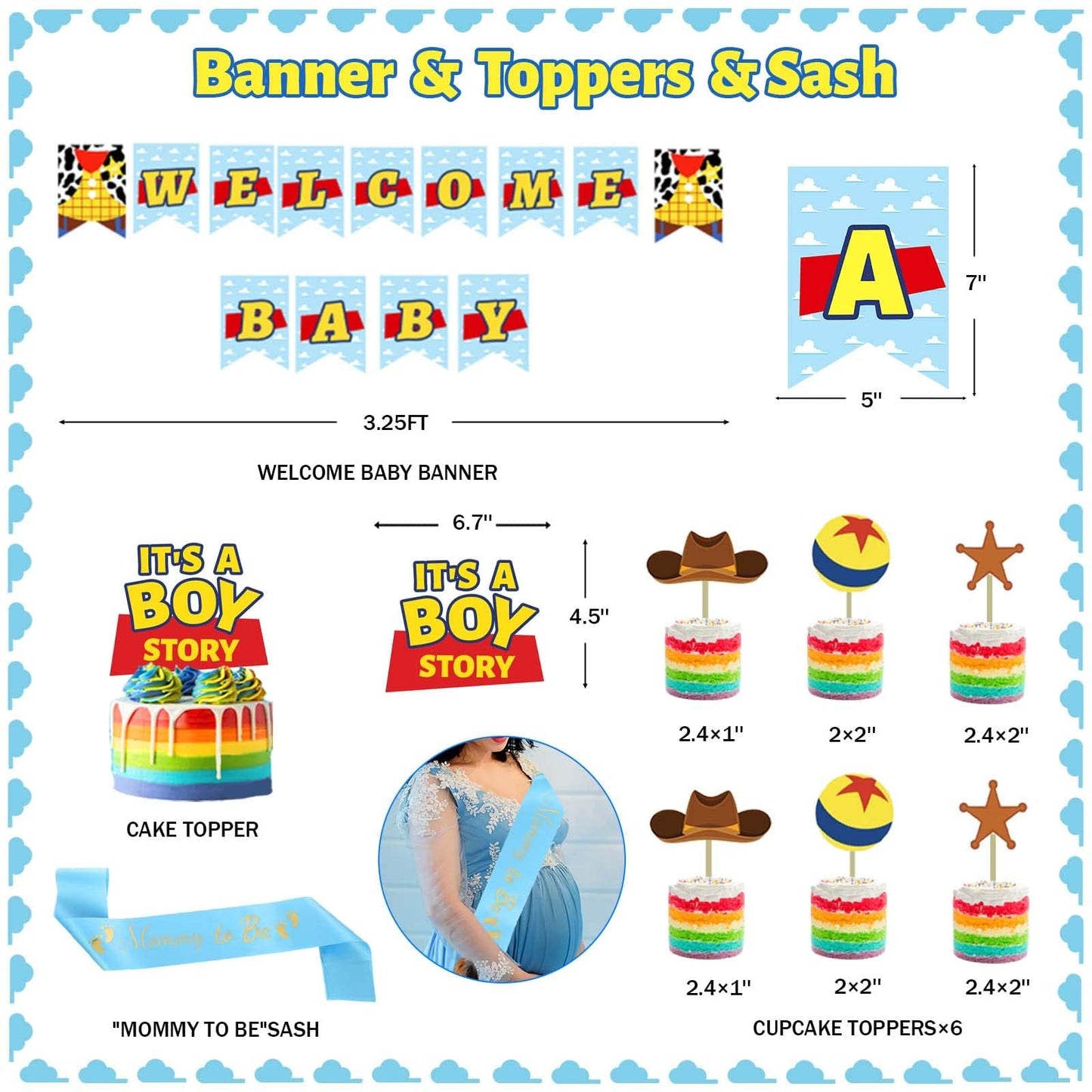 135 PCs Cartoon Toy Baby Shower Decorations, Homond Toy Themed It’s A Boy Story Decorations Backdrop Balloon Garland Arch Banner Box Cutout Tablecloth Cake Cupcake Topper Sash Blue