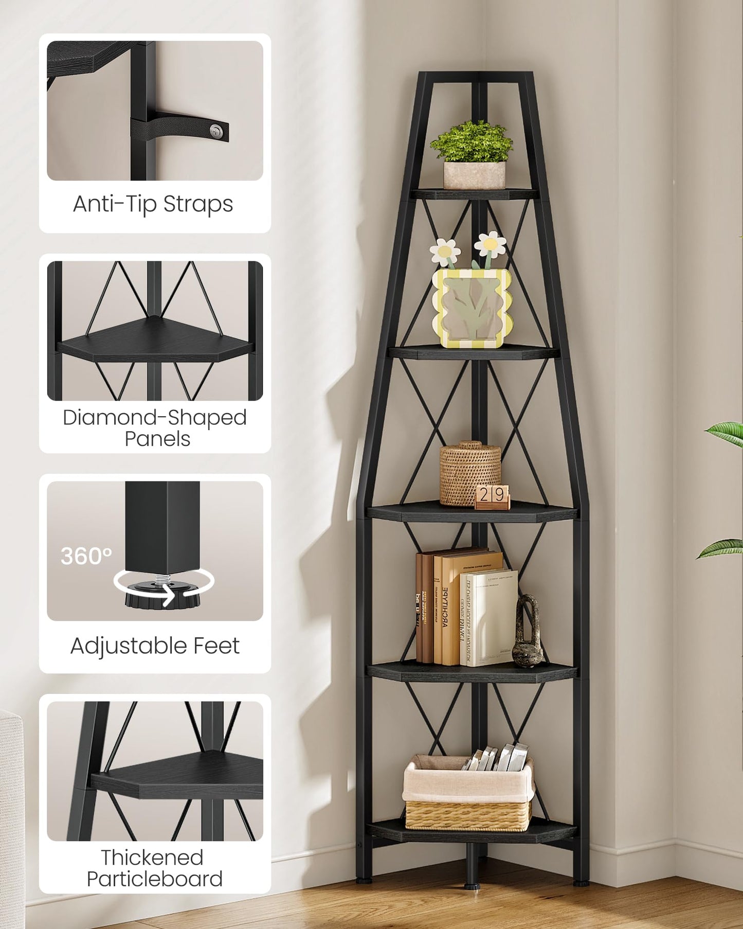 CHOEZON 5-Tier Corner Shelf, Corner Bookshelf, Ladder Shelf, Floor Standing Storage Rack, Open Display Stand, Plant Stand, for Living Room, Bedroom, Study, Bathroom, Black TCJ22BB