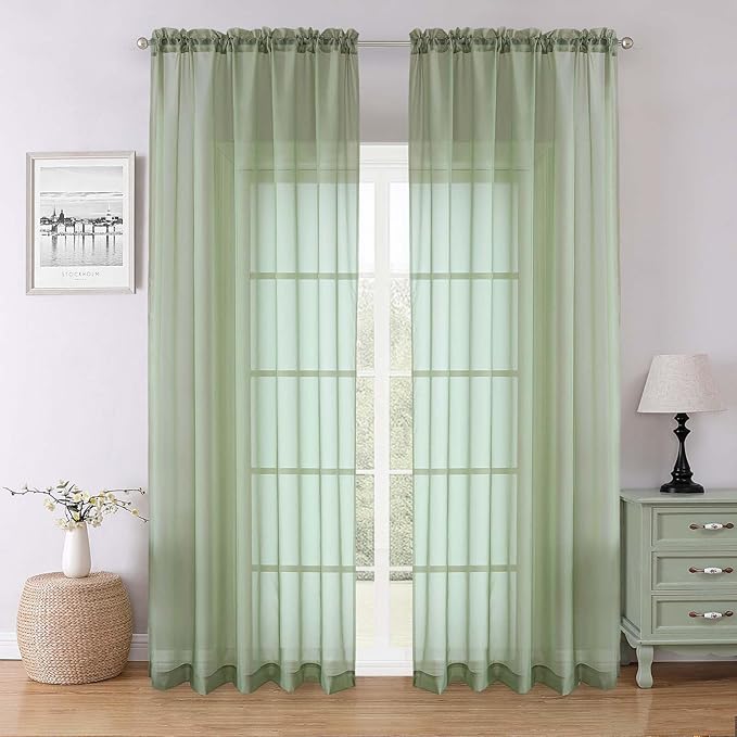 Lecloud Sage Green Sheer Curtains 90 Inches Long 2 Panels, Light Filtering Airy Voile Curtain Drapes, Dual Rod Pocket Extra Wide Elegant Window Treatments for Living Room Bedroom, 59" W x 90" L