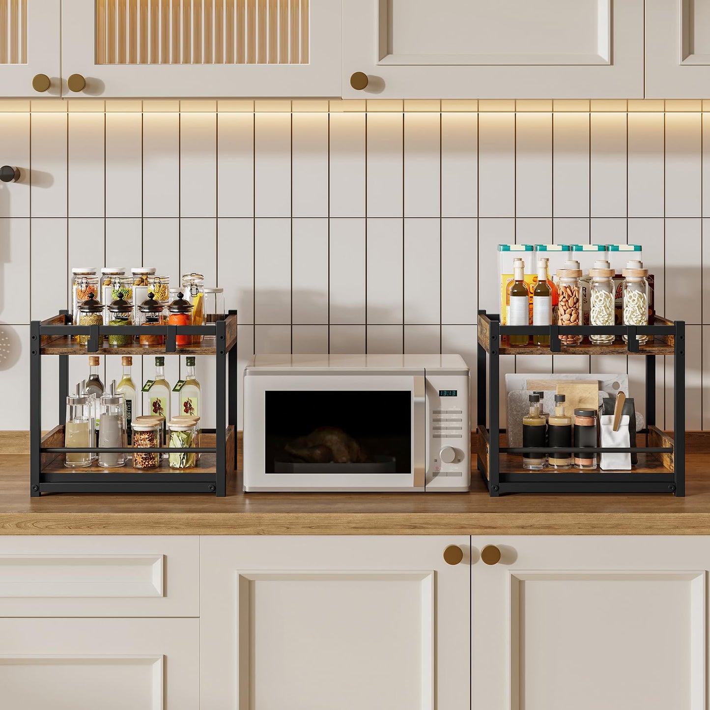 HOOBRO Kitchen Countertop Organizer, Corner Shelf Organizer, 2-Tier Spice Rack with Pull-Out Shelf and Hooks, for Kitchen, Office, Study, Bedroom, Living Room, Rustic Brown and Black BF08TL01