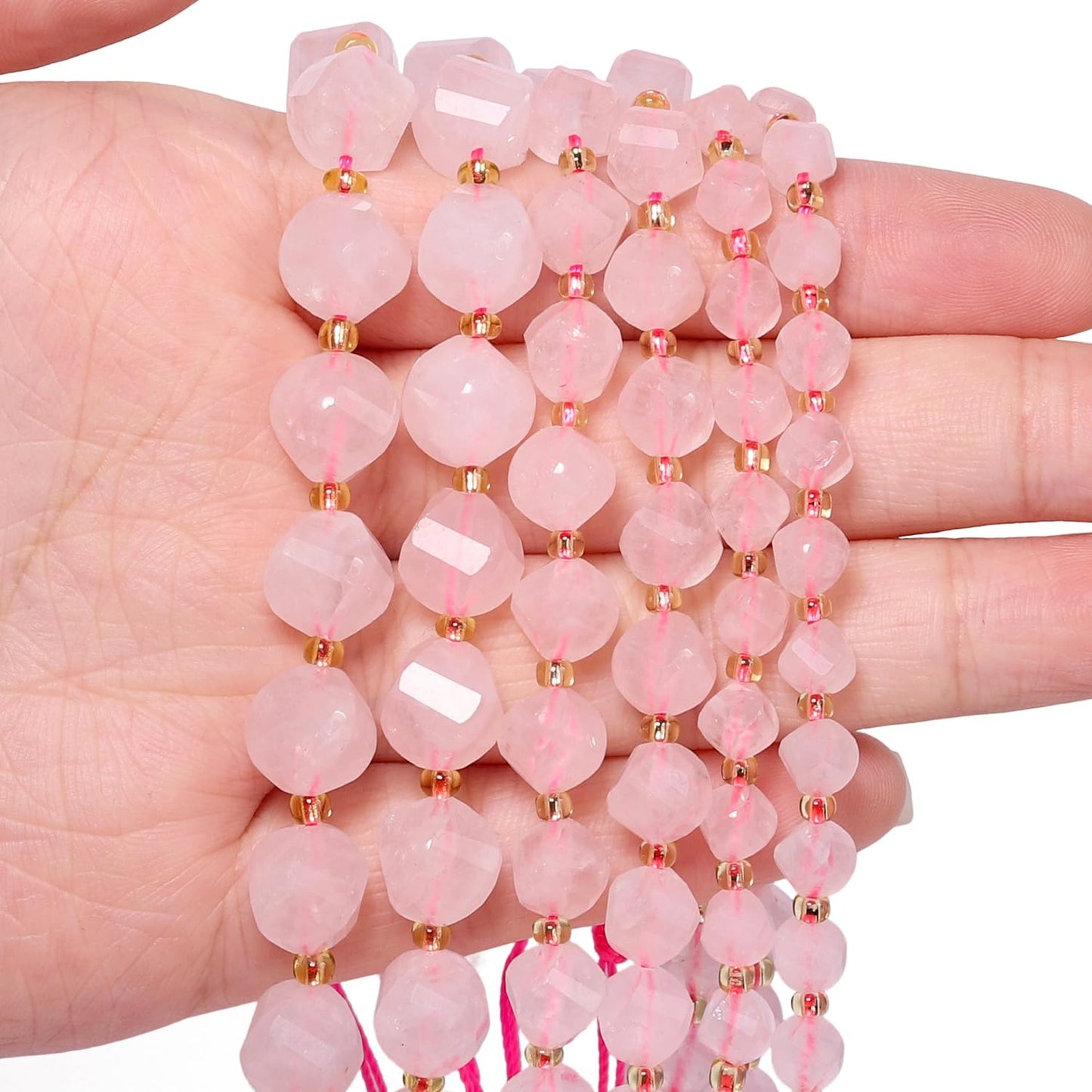 Yochus 42pcs Natural Pink Quartz Stone Beads for Bracelet，2strands 6mm Facted Twist Loose Gemstone Beads for Jewelry Making DIY Craft Necklace Earring