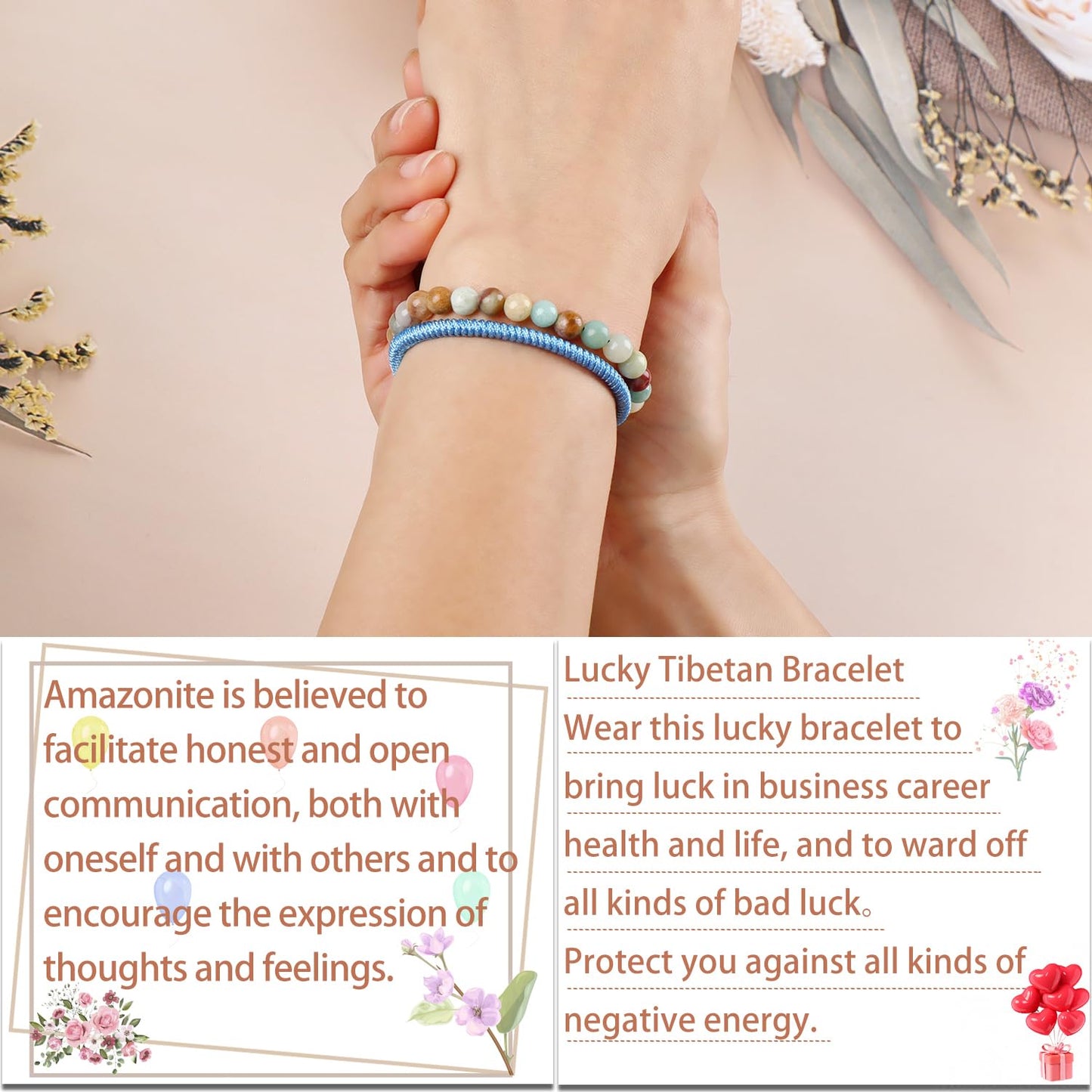 LPBeads 6mm Amazonite Bracelet with Handmade Rope Bracelet Size Adjustable Natural Stone Crystal Healing Bracelets Gifts for Unisex Adults
