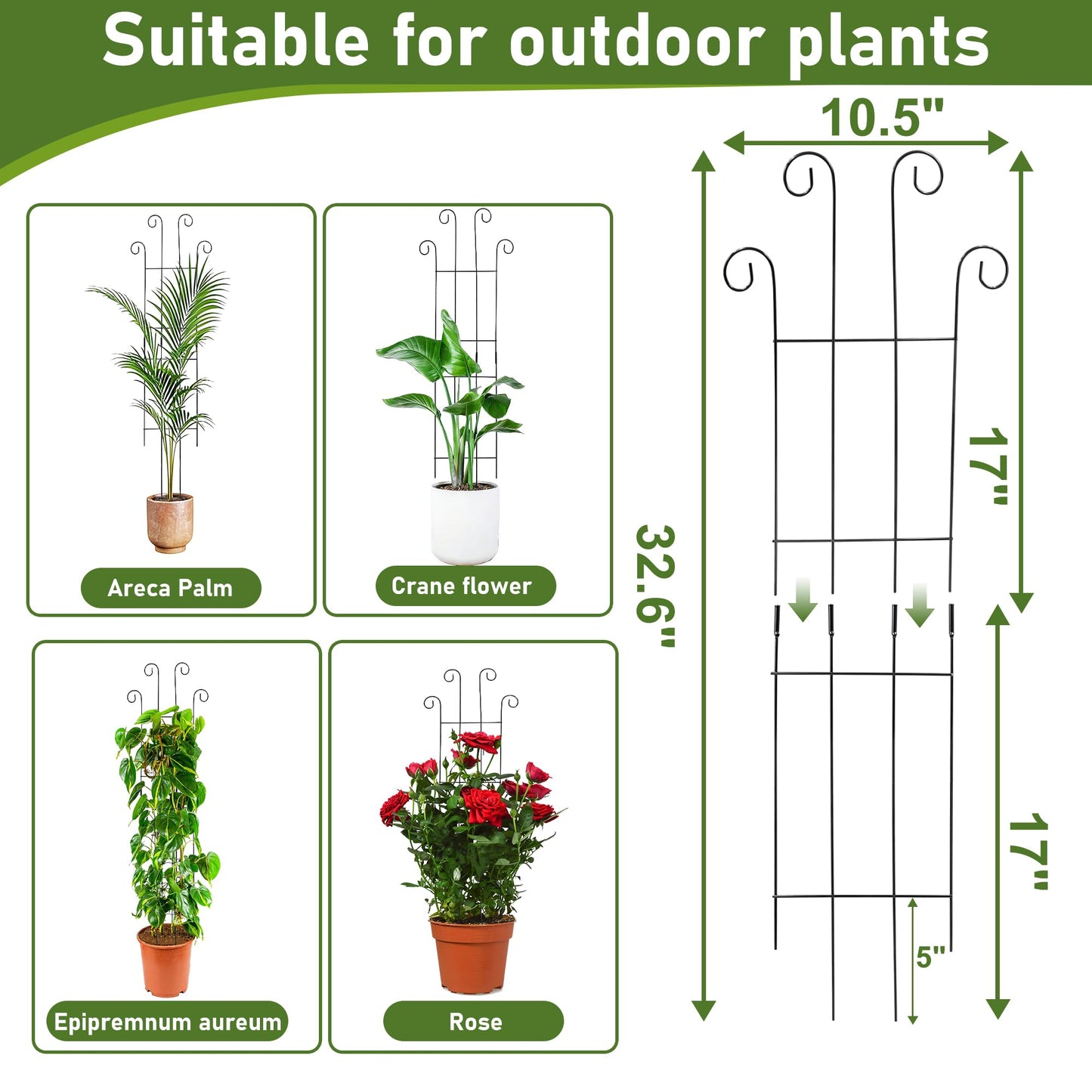 32.6In Metal Plant Trellis for Climbing Plants Indoor, Monstera & Pothos Support Stakes, Tall Expandable Trellis for Potted Plants, Tool-Free Structures, 2 Pack
